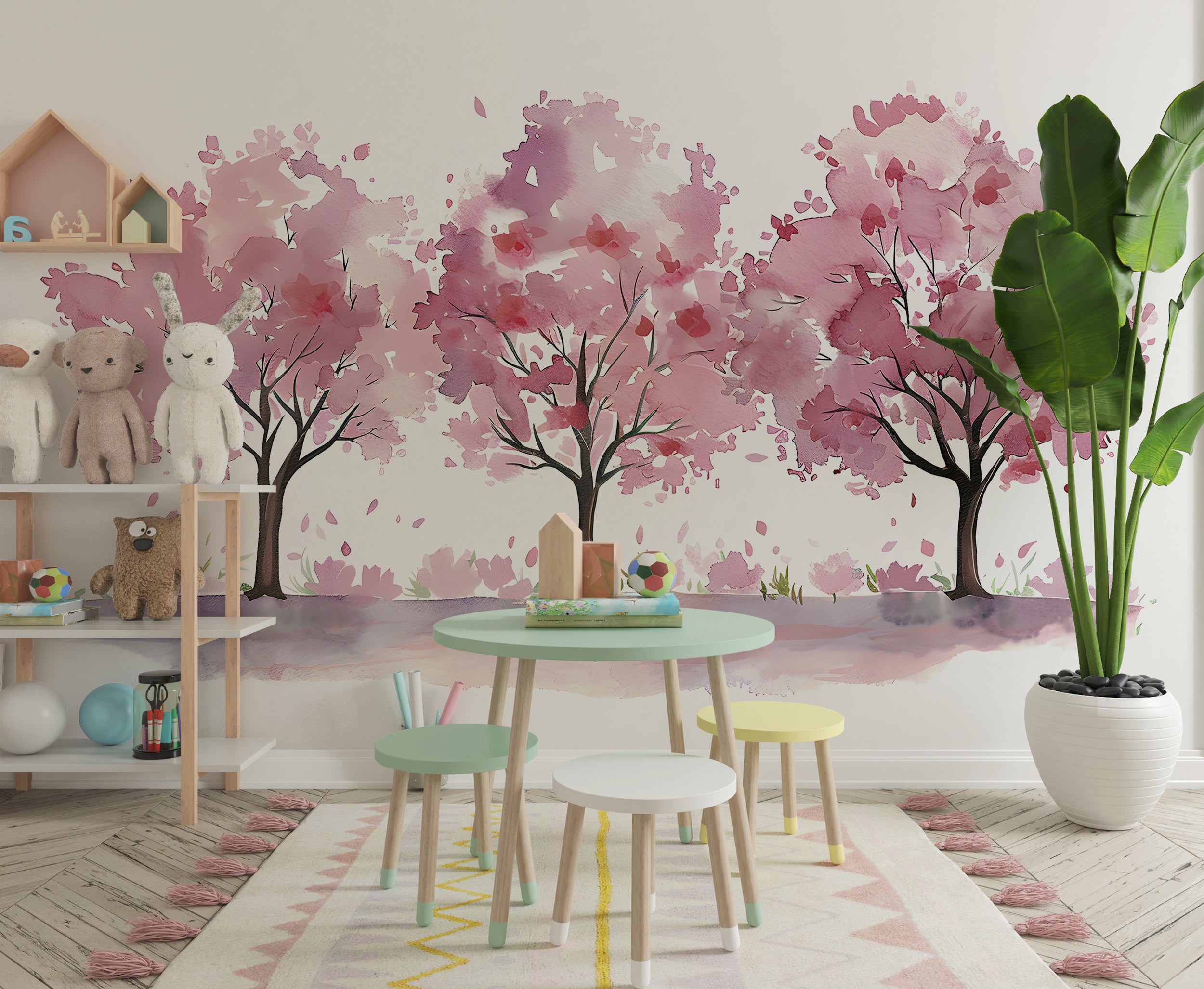 Nursery Pink Trees Mural, Watercolor Three Trees Wallpaper, Peel and Stick Custom Size Removable Kids Wall Decal, PVC-free