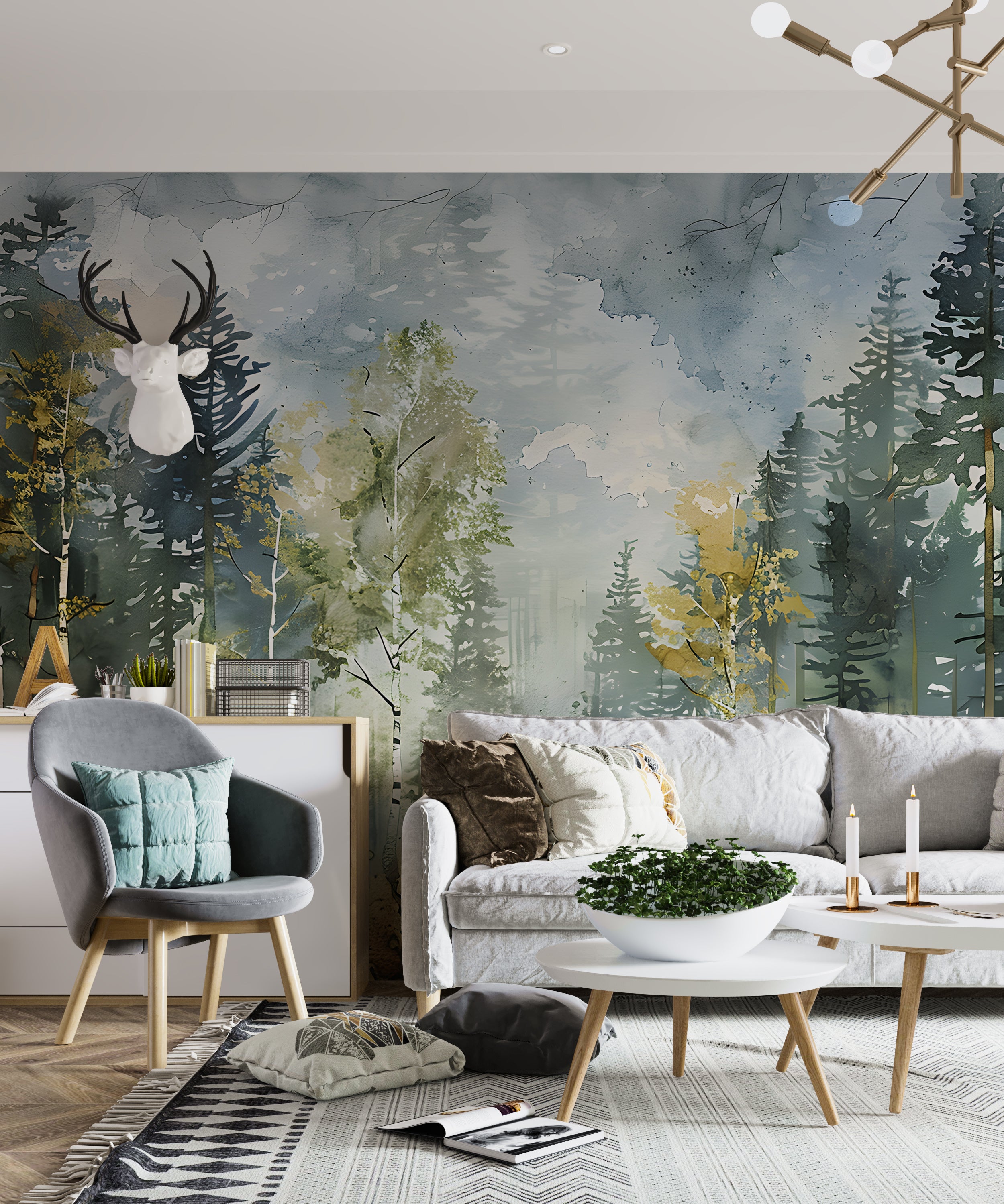 Birch Forest Wallpaper, Watercolor Woodland Mural, Pastel Colors Trees Wall Art, Peel and Stick Birches Decal, Removable Wild Nature Wallpaper