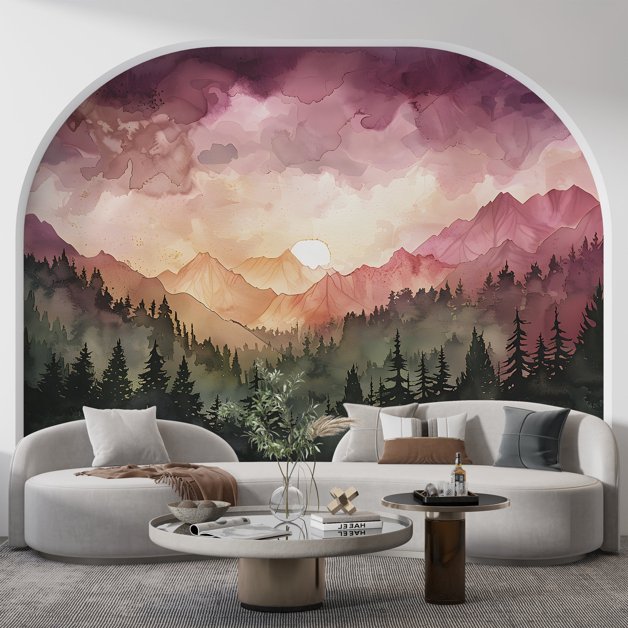 Pink and Orange Mountain Sunset Mural, Watercolor Mountains and Forest Landscape Wallpaper, Colorful Nursery Nature Wall Art