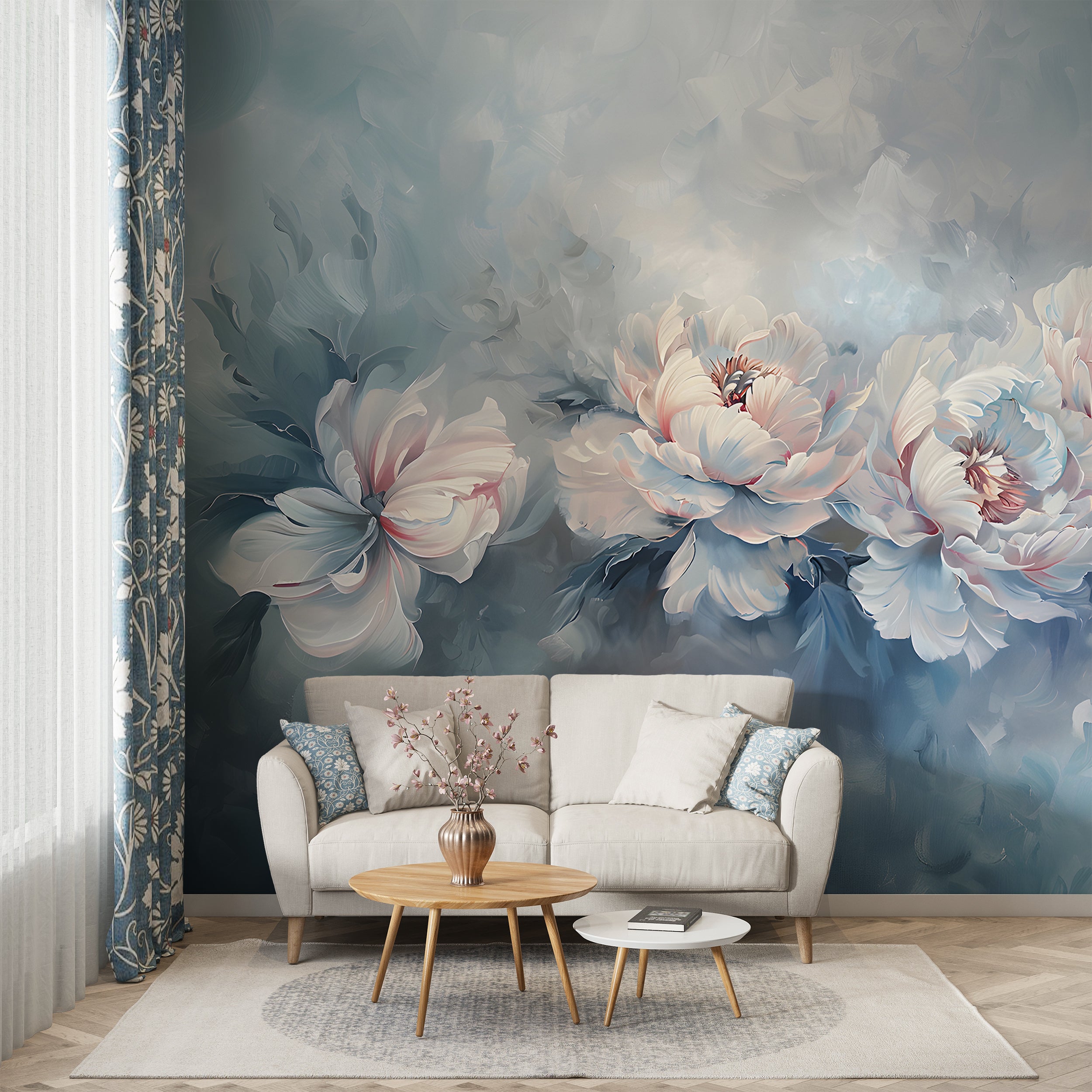 Abstract Floral Blue Mural, Watercolor Peonies Wallpaper, Peel and Stick Botanical Art, Blue Peony Abstract Wall Decal, Removable Flowers PVC free