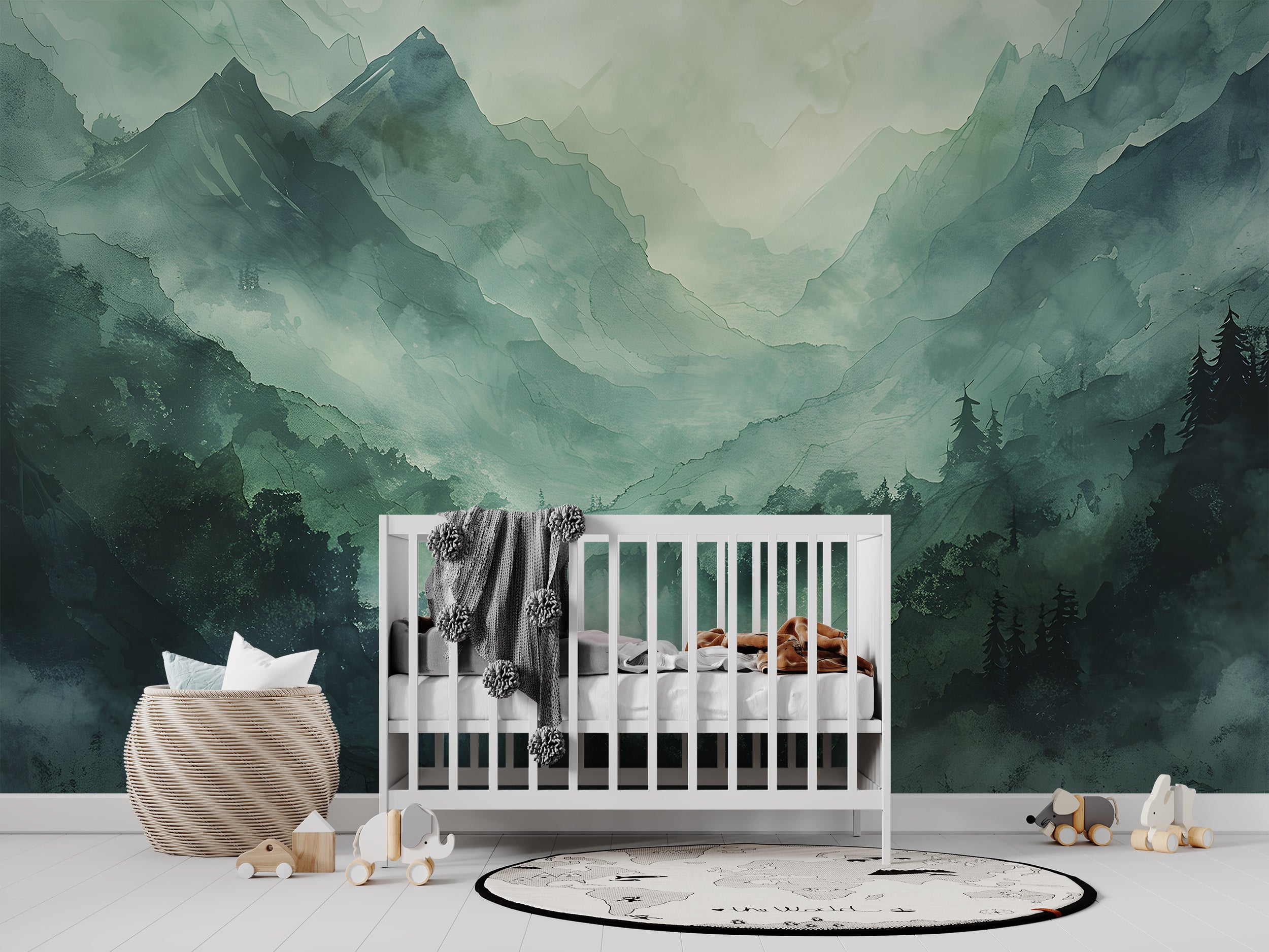 Watercolor Green Mountains Mural, Abstract Mountain Landscape Wallpaper, Peel and Stick Foggy Forest Art, Emerald Color Wild Nature Decor