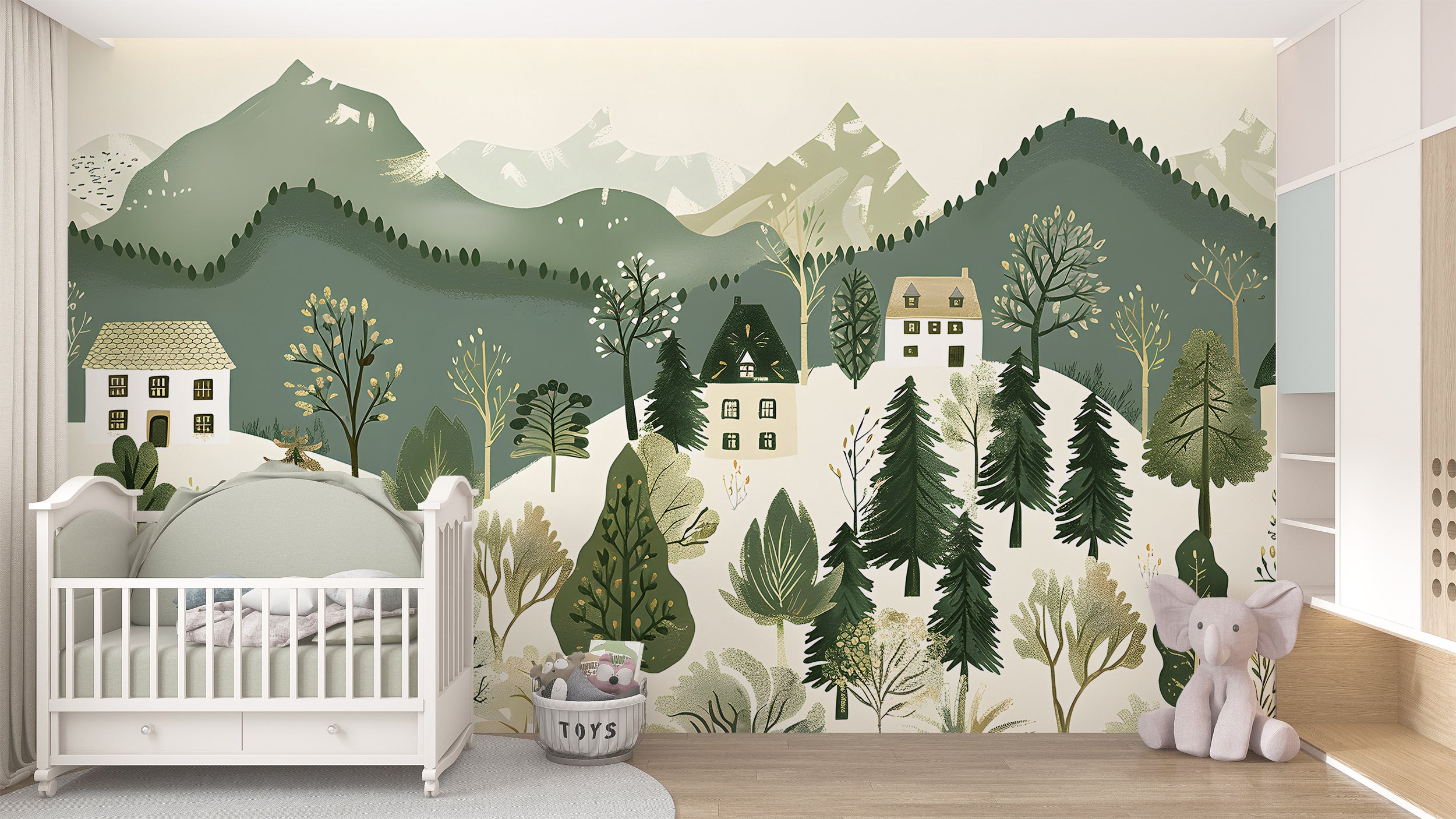 Green and Beige Forest Village Mural, Peel and Stick Mountains Trees and Houses Wallpaper, Removable Horizontal Seamless Pattern Wall Decor