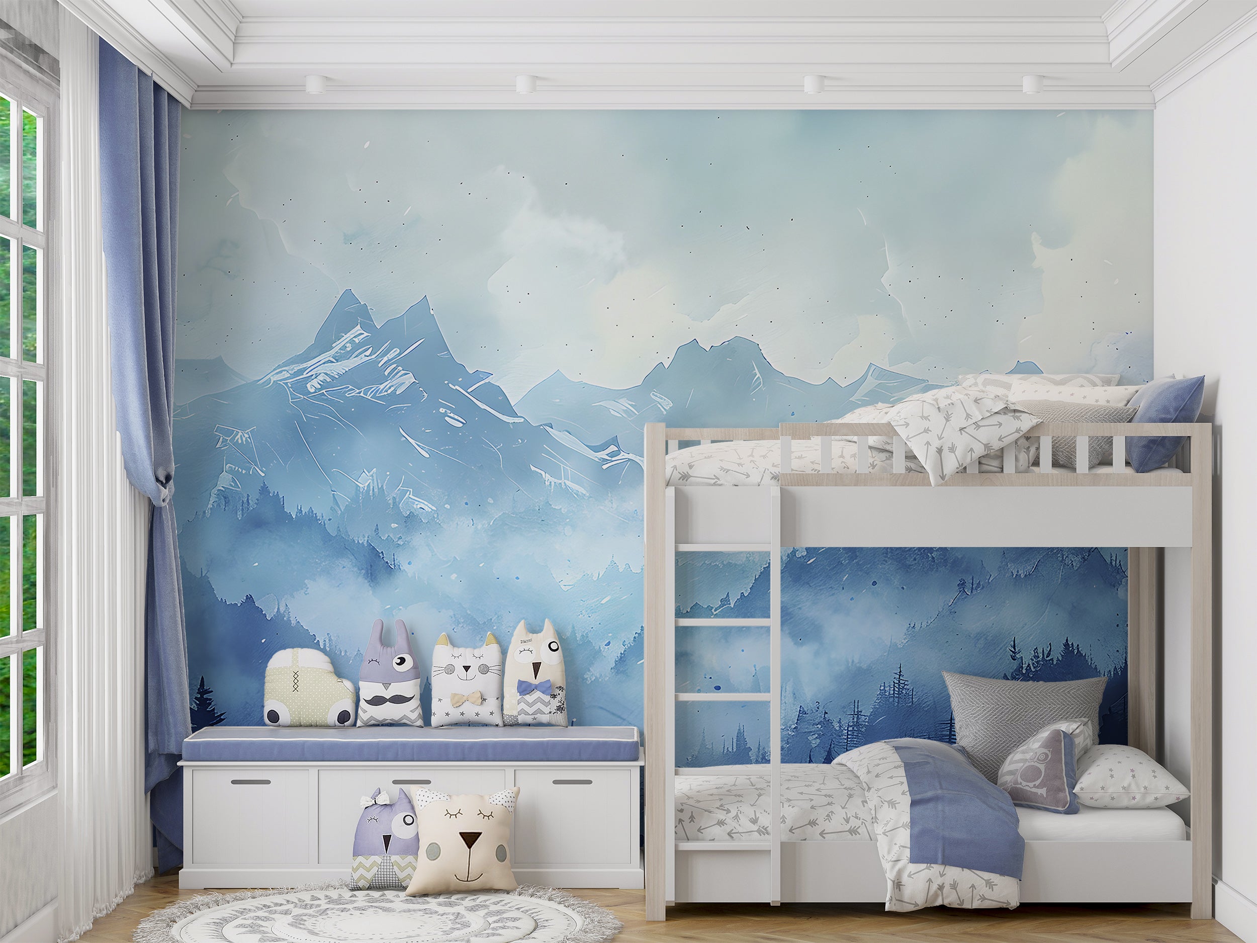 Watercolor Blue Mountains Mural, Self-adhesive Foggy Forest Landscape Wallpaper, Soft Blue Cloudy Mountain Nursery Custom Size Decor