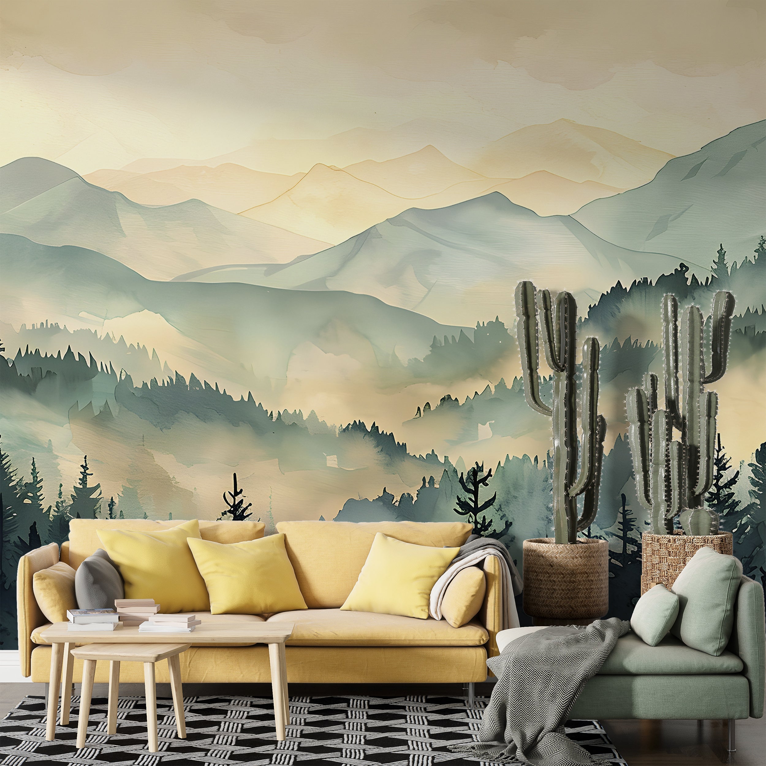 Green and Beige Mountains Landscape Mural, Watercolor Pine Forest and Mountain Wallpaper, Self-adhesive Removable Foggy Nature Decor