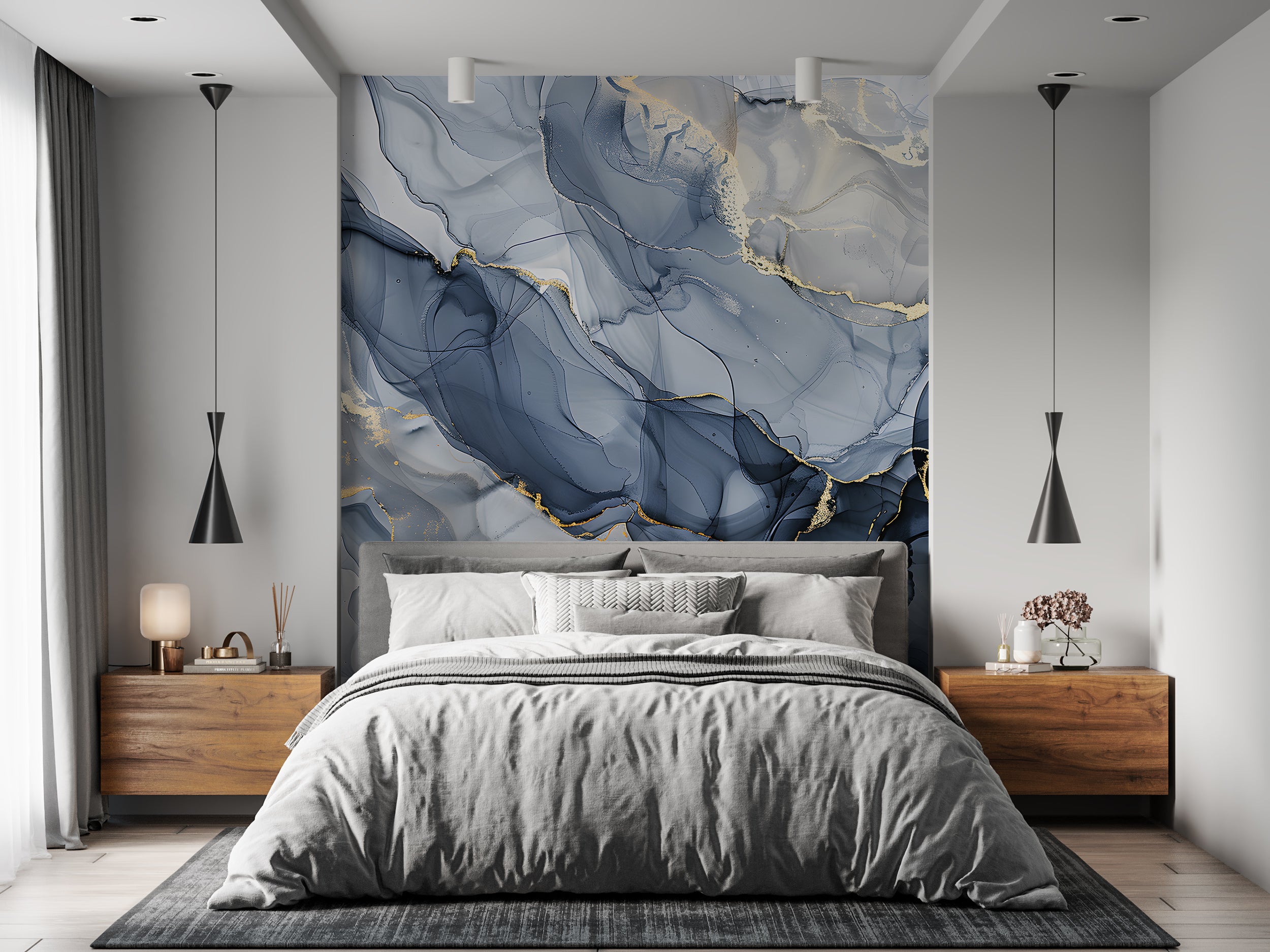 Blue and Gold Alcohol Ink Mural, Marble Wallpaper, Peel and Sick Abstract Watetrcolor, Removable Wallpaper, Modern Luxury Wall Mural