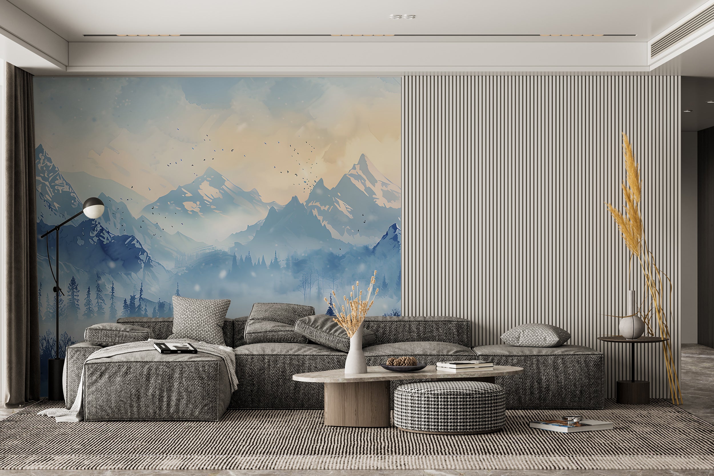 Winter Mountains Mural, Watercolor Blue Mountain and Forest Landscape, Peel and Stick Foggy Nature Wallpaper, Nursery Removable Misty Decal