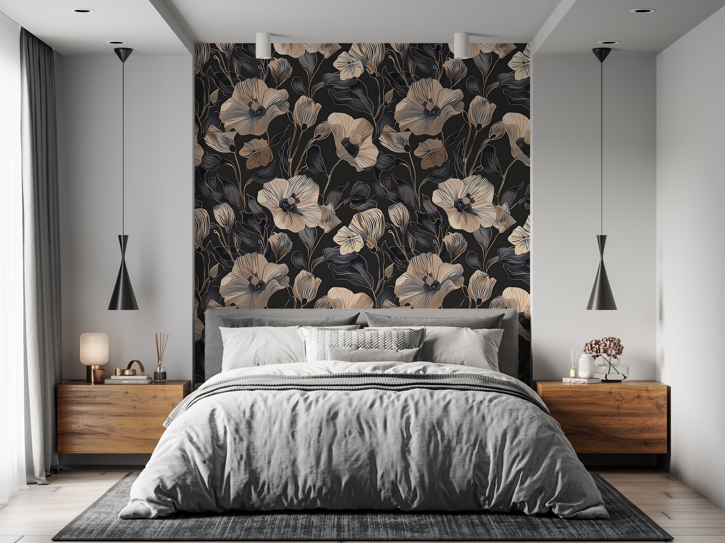 Dusty Rose and Dark Grey Floral Wallpaper, Peel and Stick Poppy Flowers Wall Decal, Removable Dark Botanical Decor, Pink & Black Flowers