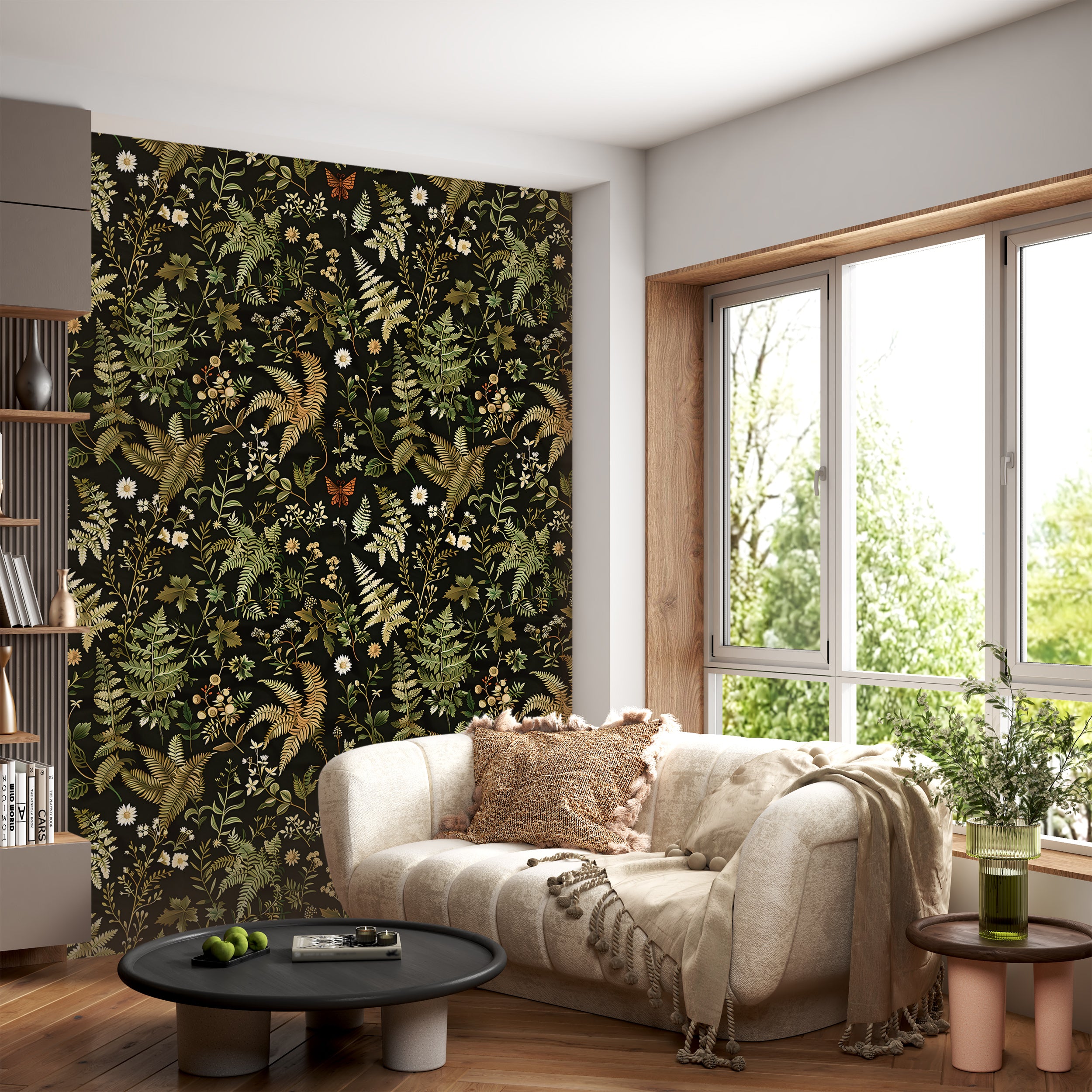 Dark Fern Botanical Pattern Wallpaper, Floral Leaves from Wild Forest Decal, Peel and Stick Removable Greenery Decor, PVC-free Black and Green