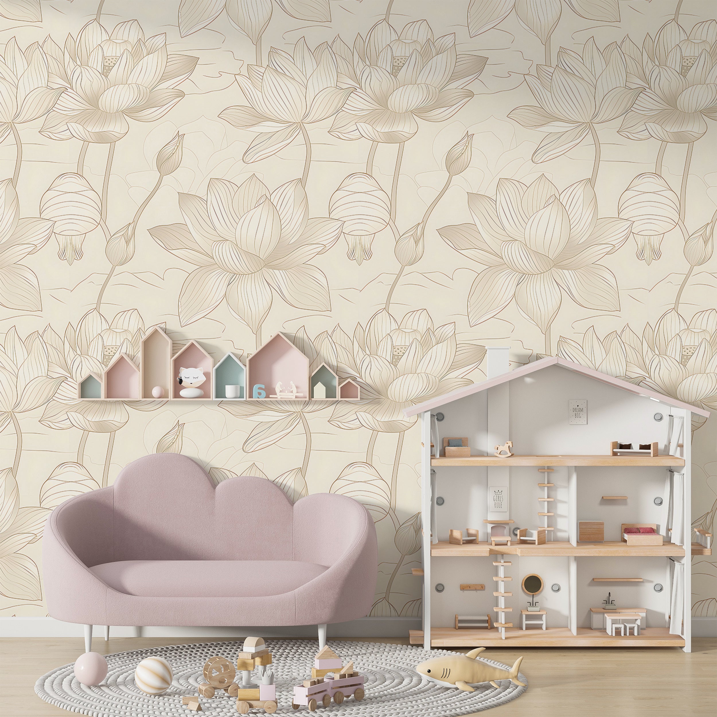 Beige Minimalistic Lotus Wallpaper, Peel and Stick Floral Wall Decal, Light Beige Lotus Pattern Wallpaper, Removable Botanical PVC-free Decor