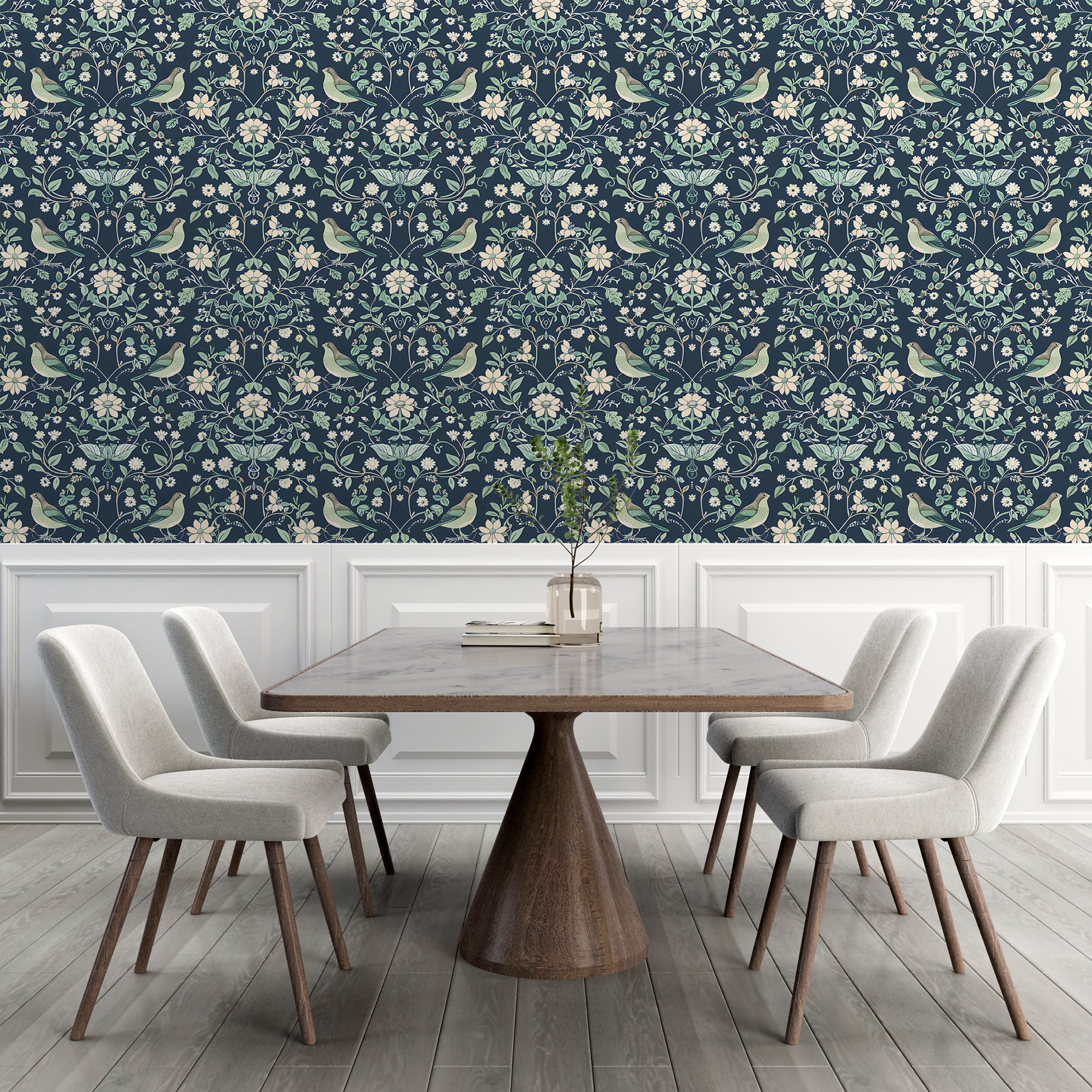 Mint and Navy Blue Chinoiserie Wallpaper, Peel and Stick Floral Wall Decal, Birds Flowers and Leaves Pattern Removable Wallpaper, Vintage Wall Art