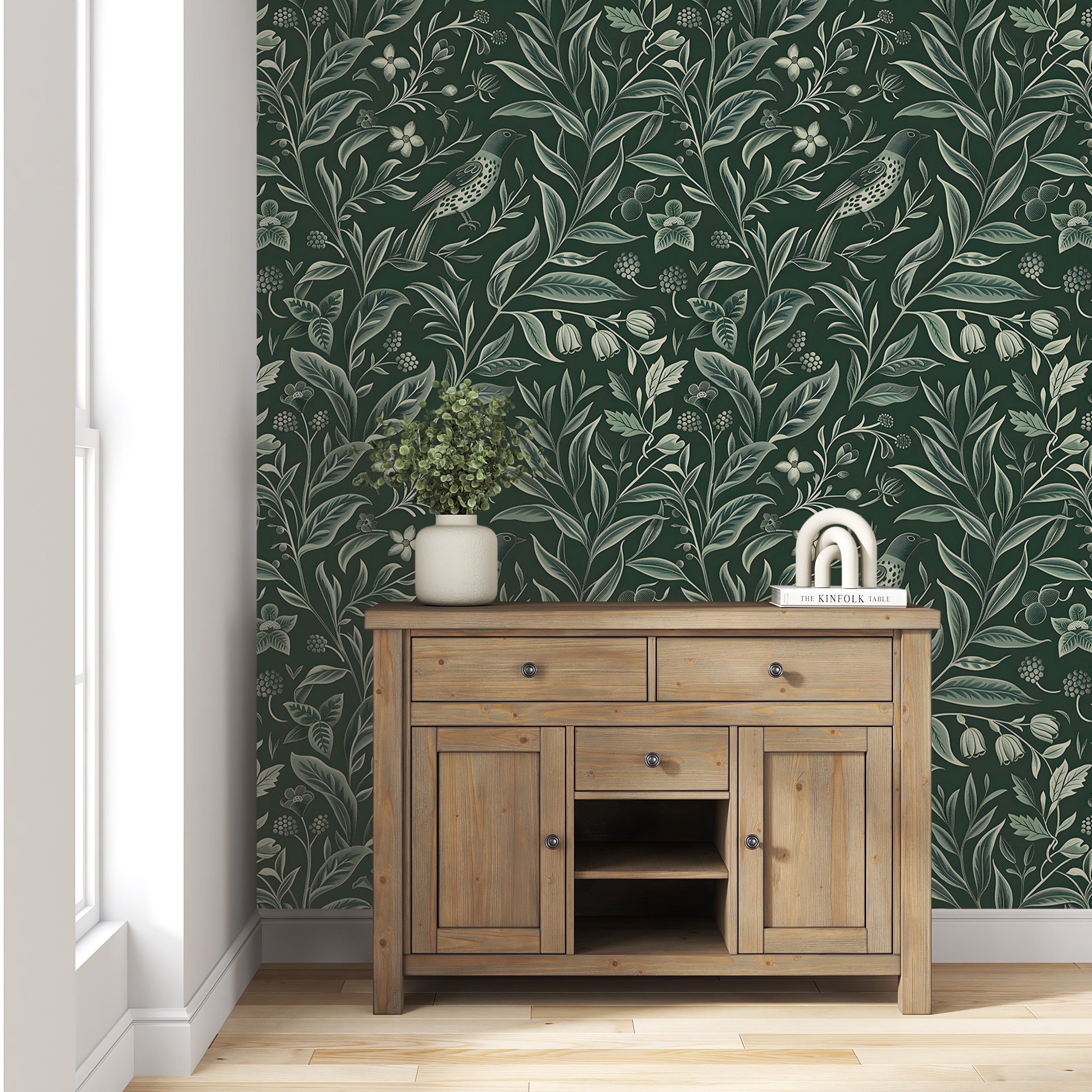 Vintage Green Floral Wallpaper, Dark Green Botanical Classic Wall Decal, Peel and Stick Chinoiserie Wallpaper, Removable Bird and Leaves Pattern