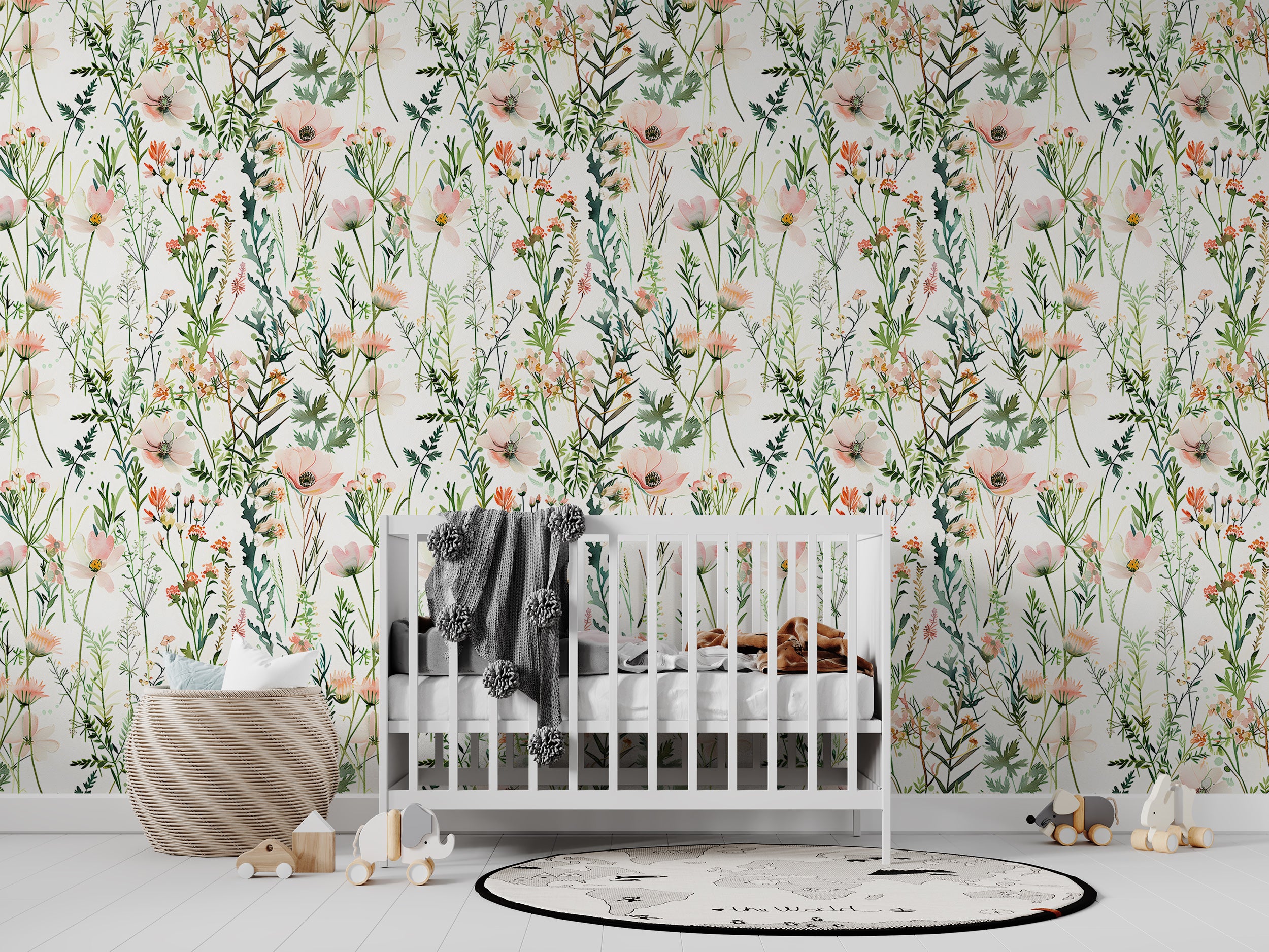 Wild Floral Wallpaper, Pastel Pink and Green Botanical Pattern Wallpaper, Watercolor Meadow Flowers Decal, Peel and Stick Minimalistic Light Floral Decor