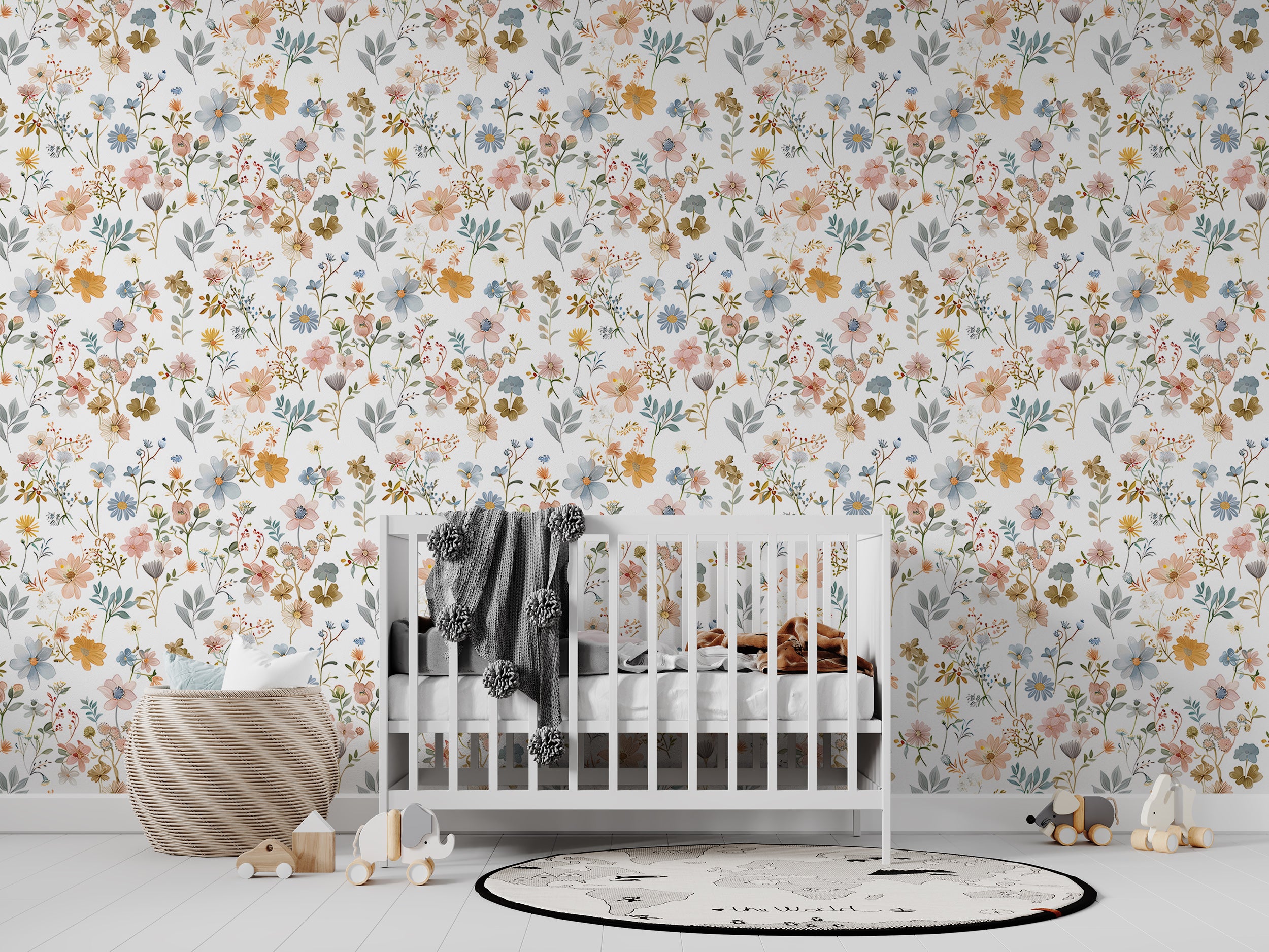Soft Multi Color Floral Wallpaper, Pastel Meadow Flowers Wall Decal, Peel and Stick Light Botanical Wallpaper, Removable Field Wild Flower Pattern