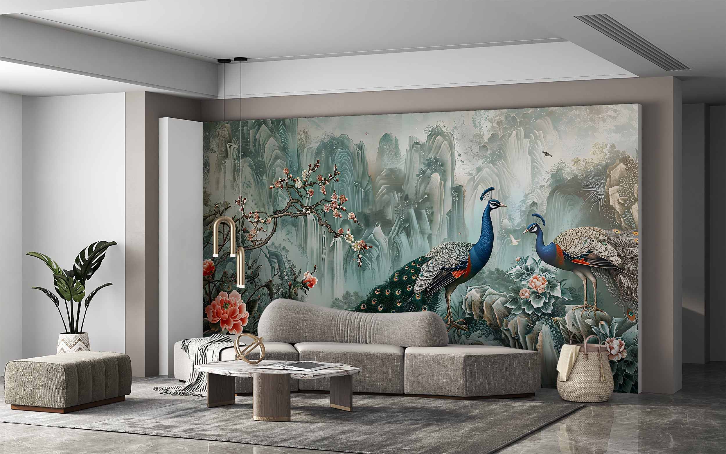 Green Chinoiserie Wallpaper, Peacock Wall Mural, Peel and Stick Abstract Chinese Art, Removable Vintage Decor with Birds and Flowers