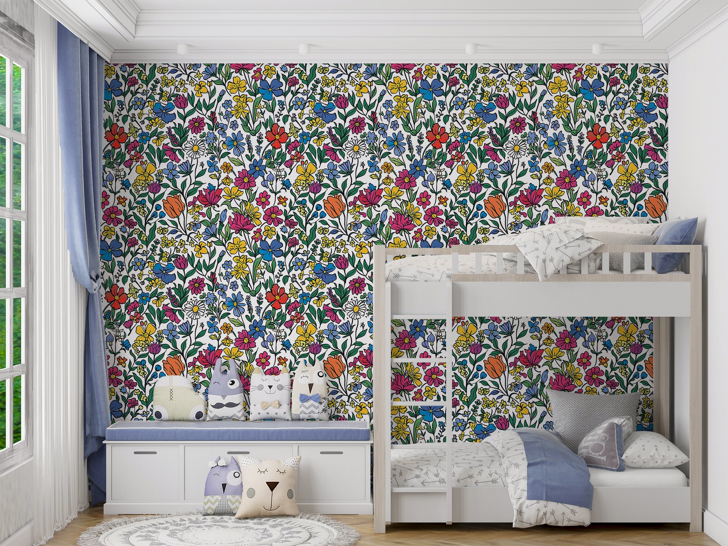 Colorful Floral Wallpaper, Watercolor Peel and Stick Meadow Flowers Wall Decal, Removable Cartoon Style Wild Flower Pattern Wallpaper