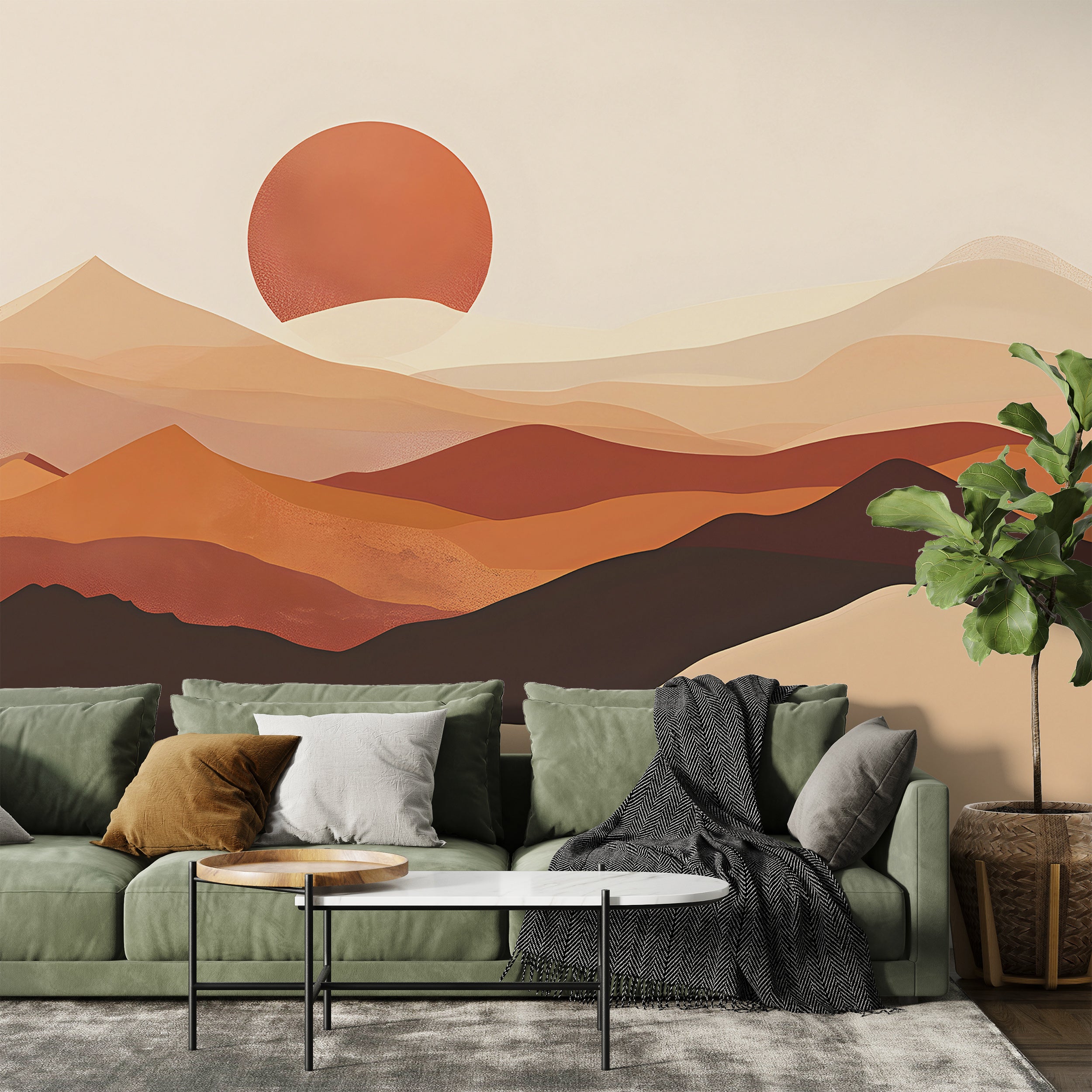 Minimalistic Desert Wall Mural, Peel and Stick Watercolor Sand Dunes Wallpaper, Abstract Mountain Sunset Mural, Beige and Brown Boho Mural