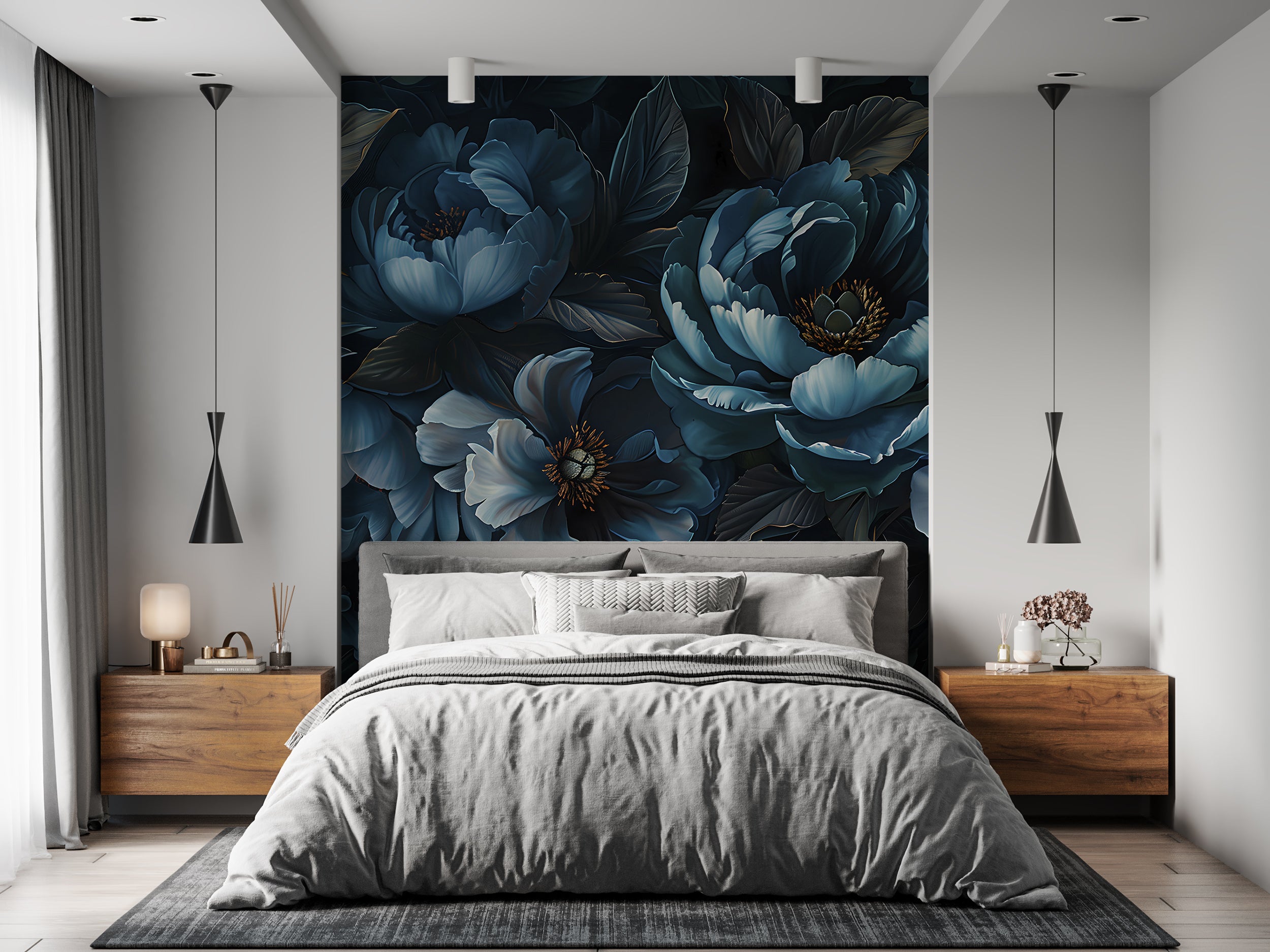 Dark Blue Peonies Mural, Peel and Stick Large Flowers Wallpaper, Removable Deep Blue Floral Wall Decal, Peony Accent Wall Art, PVC free Decor