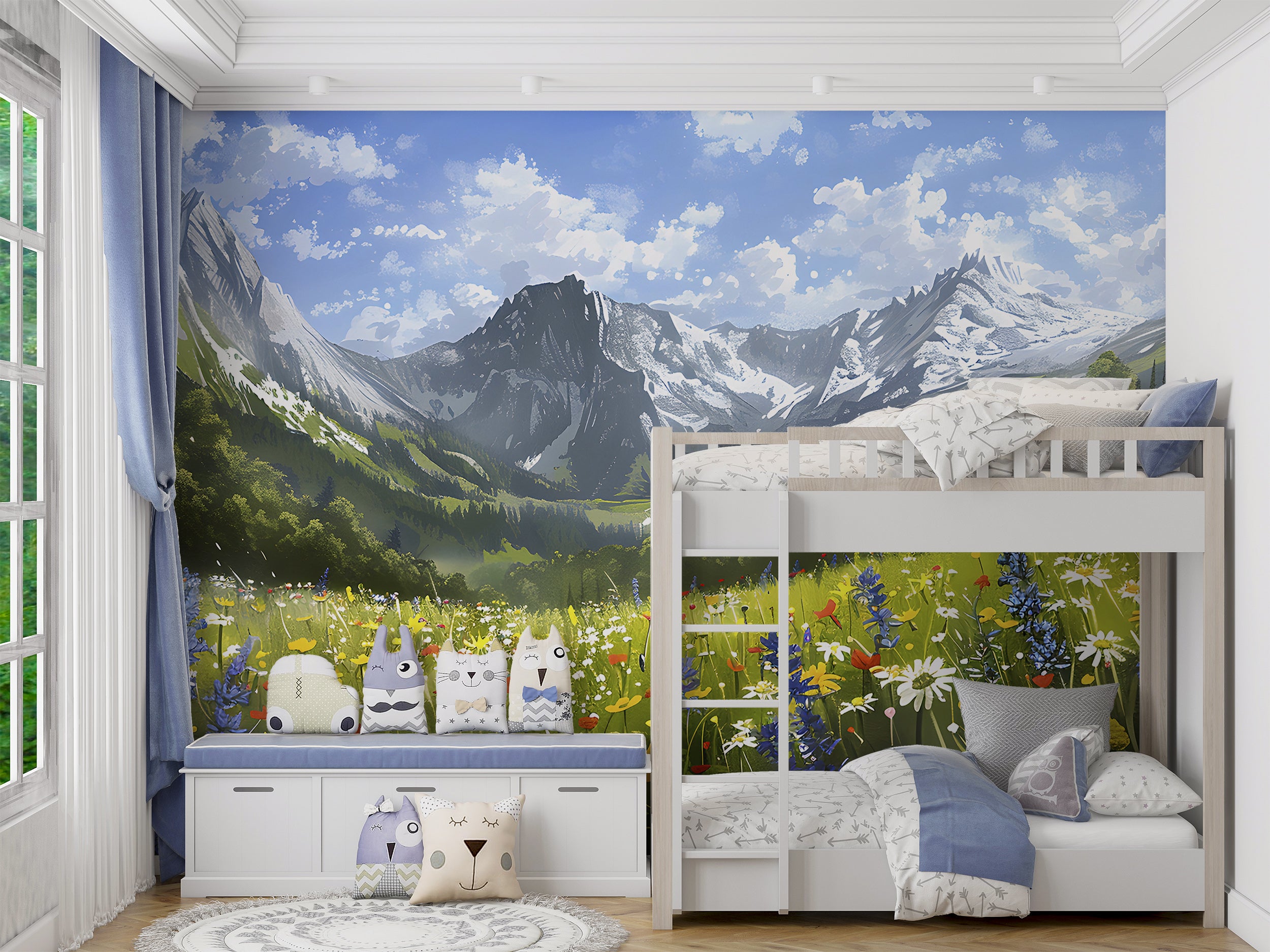 Colorful Flower Field Mural, Peel and Stick Mountain Wild Flower Field Wallpaper, Removable Nature Mural, Watercolor Floral Landscape Wall Decal