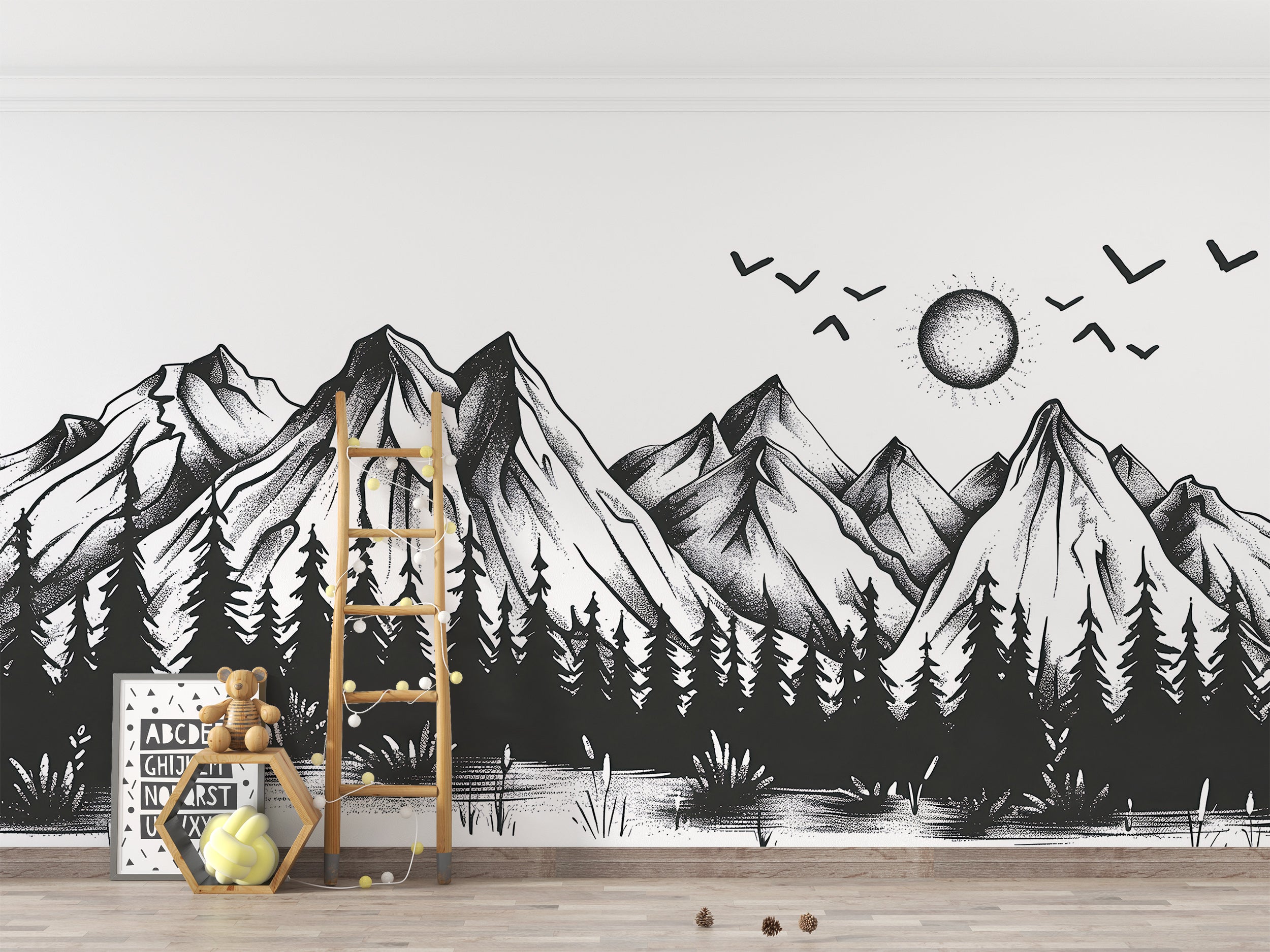 Mountains and Forest in Doodling Style Mural, Black and White Wild Nature Landscape Wallpaper, Peel and Stick Birds Sun Mountains Art