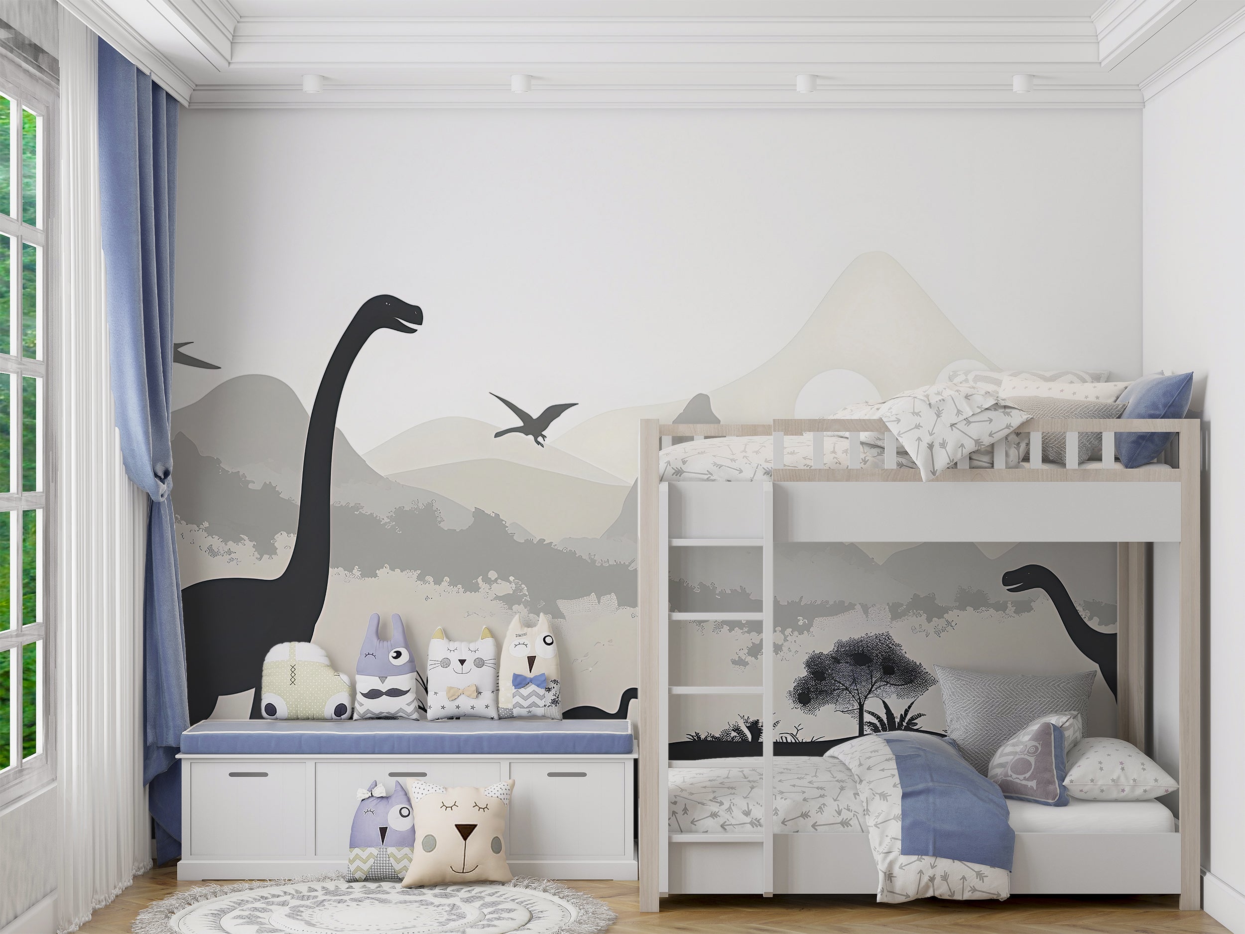 Dinosaurs Nursery Wall Mural, Ancient World Life Wallpaper, Peel and Stick Mountains Grey Playroom Mural, Custom Size Removable Decal