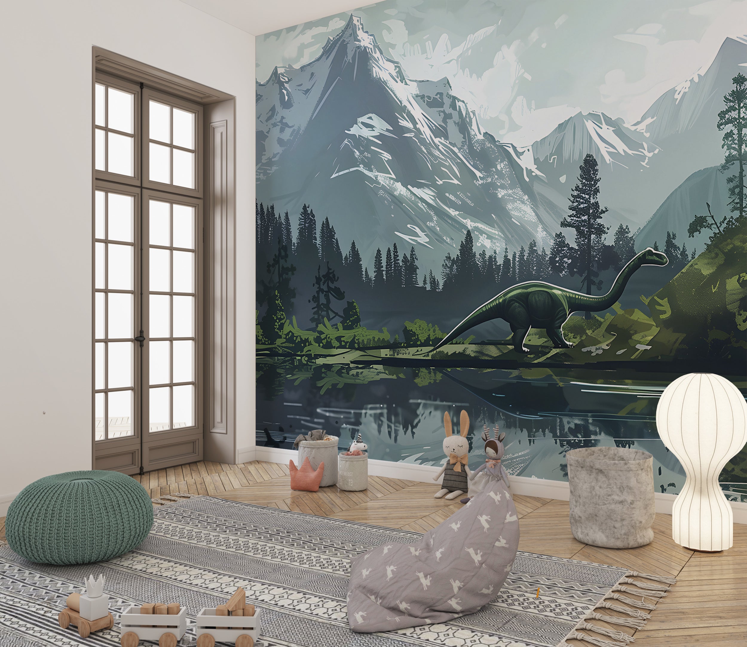 Watercolor Mountains and Forest Mural, Dinosaur Wall Mural, Nursery Peel and Stick Wild Nature Landscape, Removable Decal