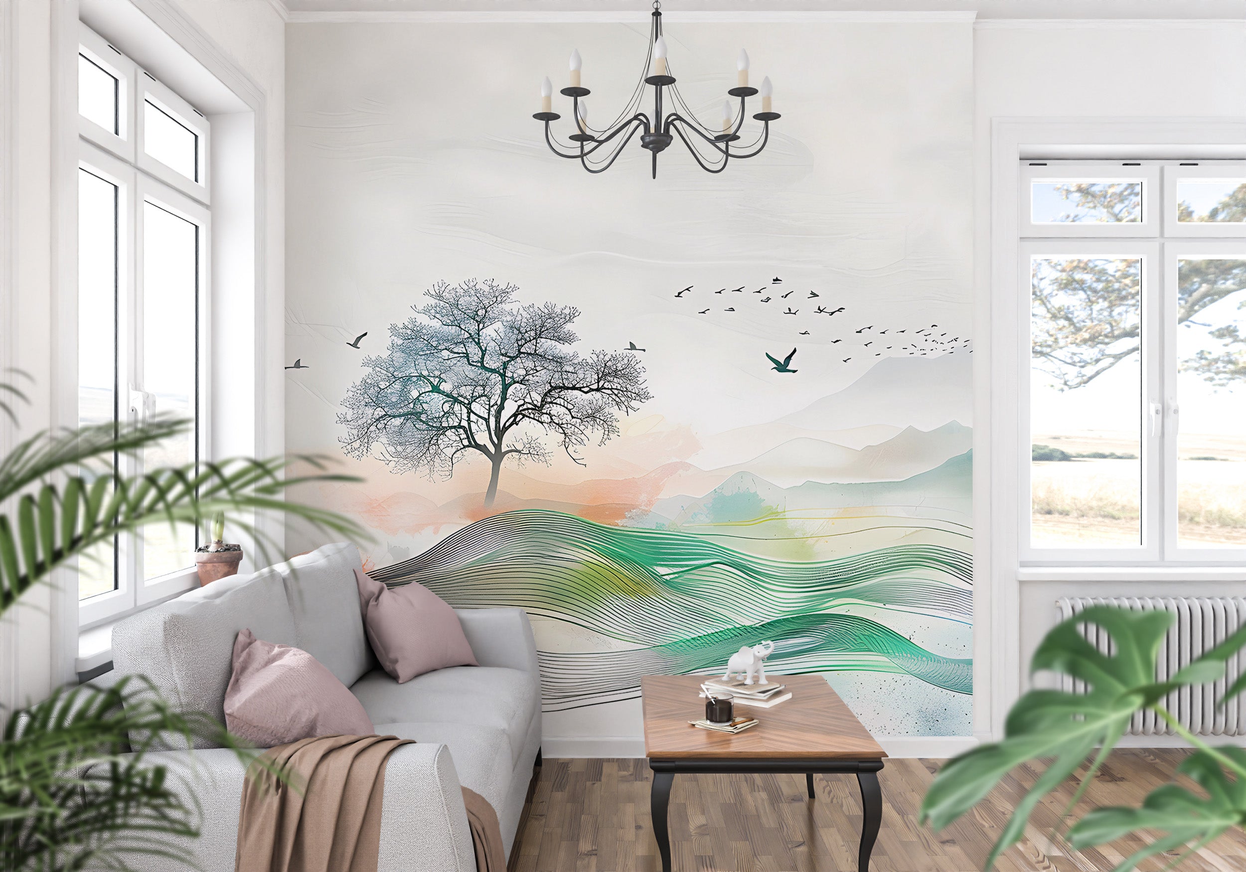 Abstract Landscape Wall Mural, Watercolor Nature Mural, Colorful Landscape Tree and Birds Wallpaper, Peel and Stick Minimalistic Wall Art