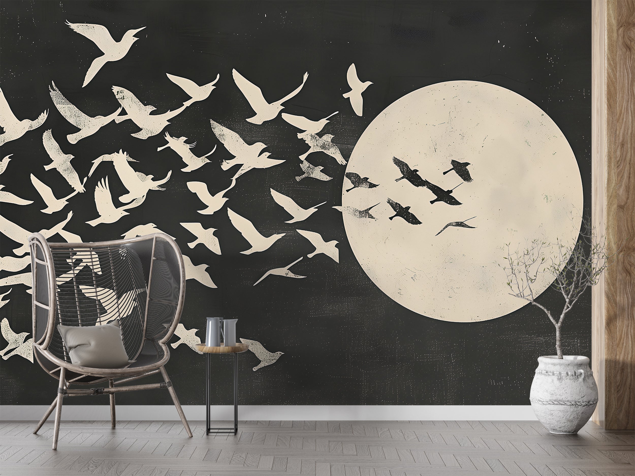 Abstract Birds Swallow Mural, Black and White Abstract Wallpaper, Peel and Stick Japanese Birds and Sun Art, Removable Two-Color Decor