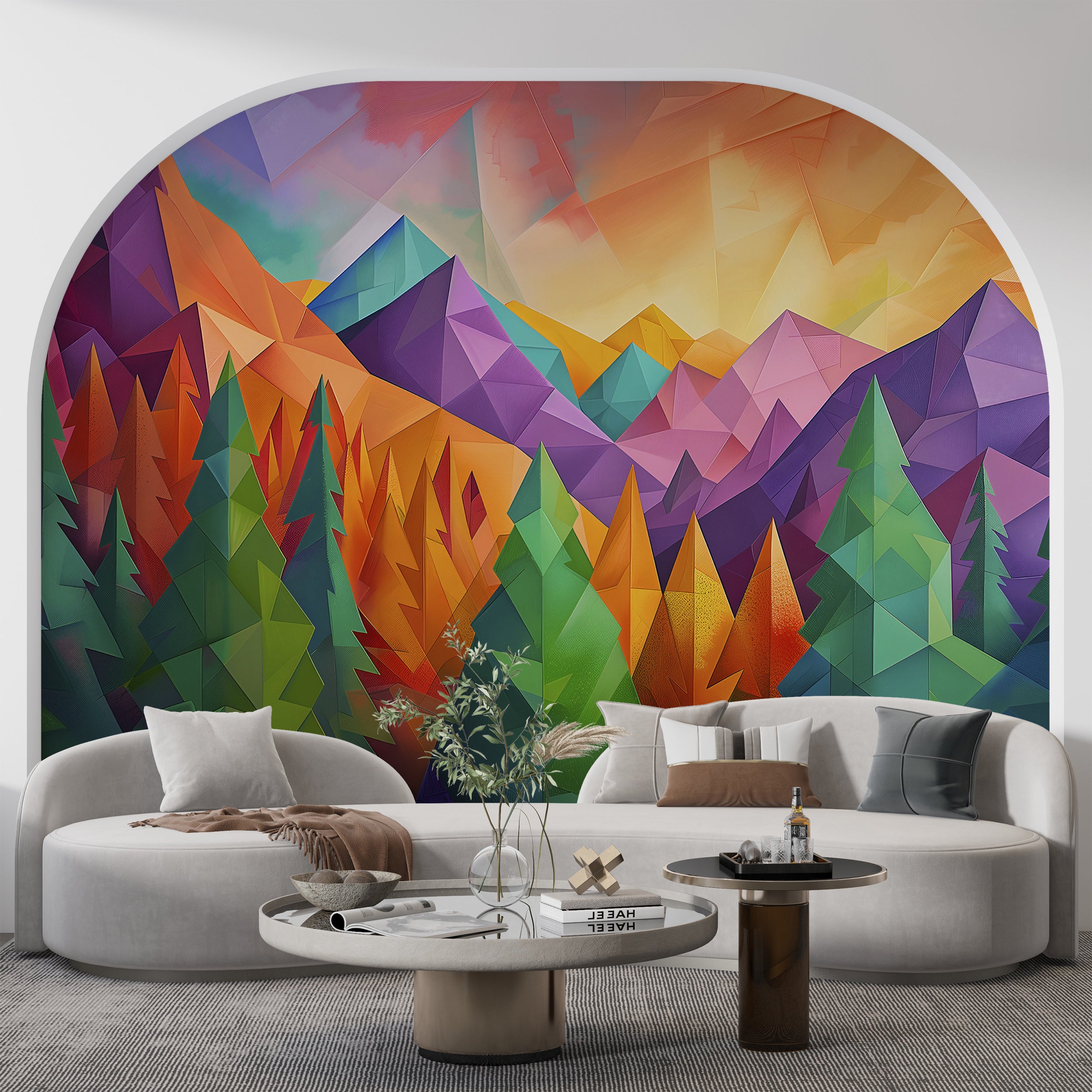 Colorful Mountains and Forest Landscape Mural, Peel and Stick Nature in Cubism Style Mural, Abstract Pine Trees Mural, Geometric Shapes Art