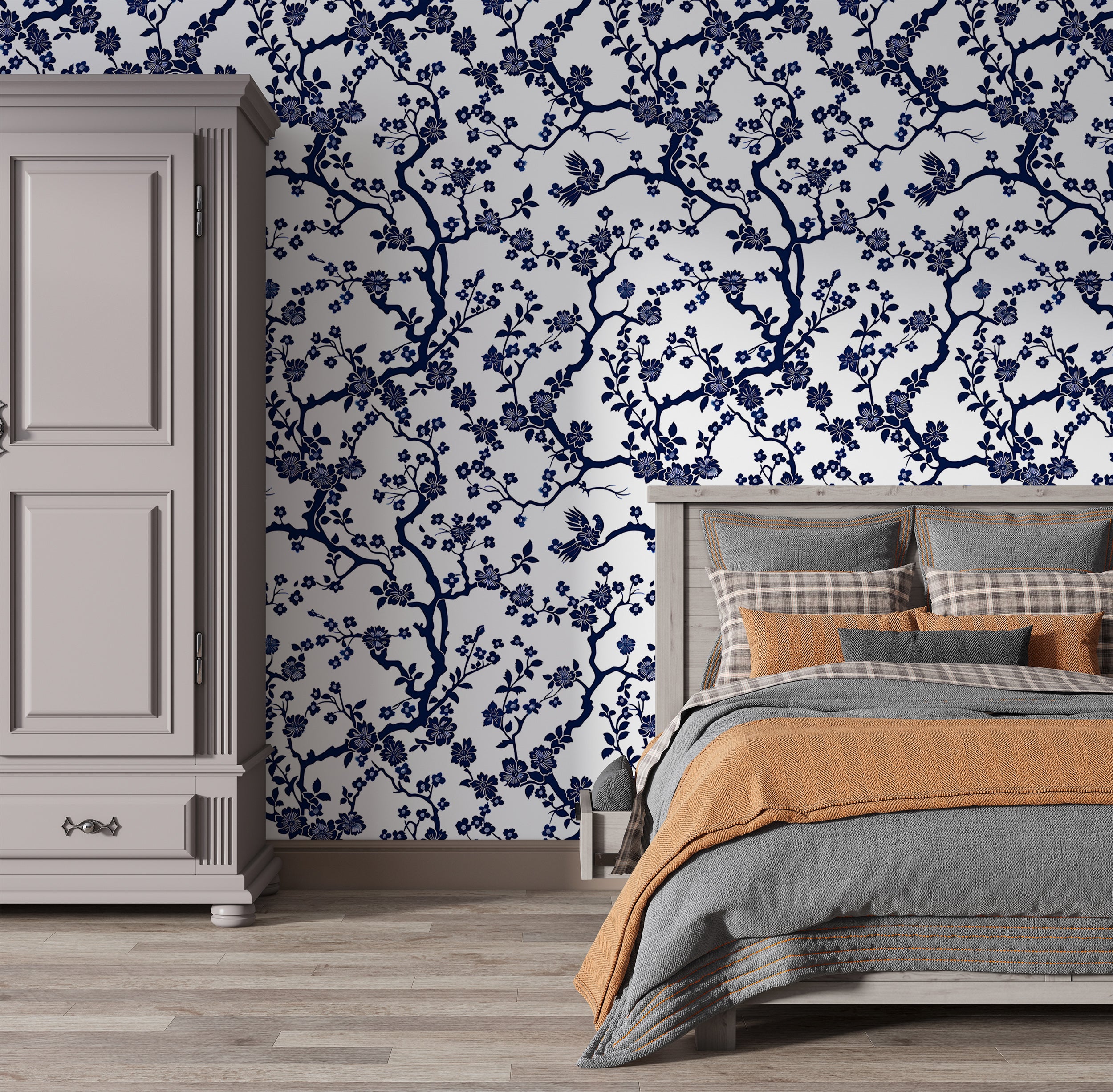 Blue and White Floral Wallpaper, Peel and Stick French Style Botanical Decor, Small Flowers and Branches Wallpaper, Removable Blue Floral