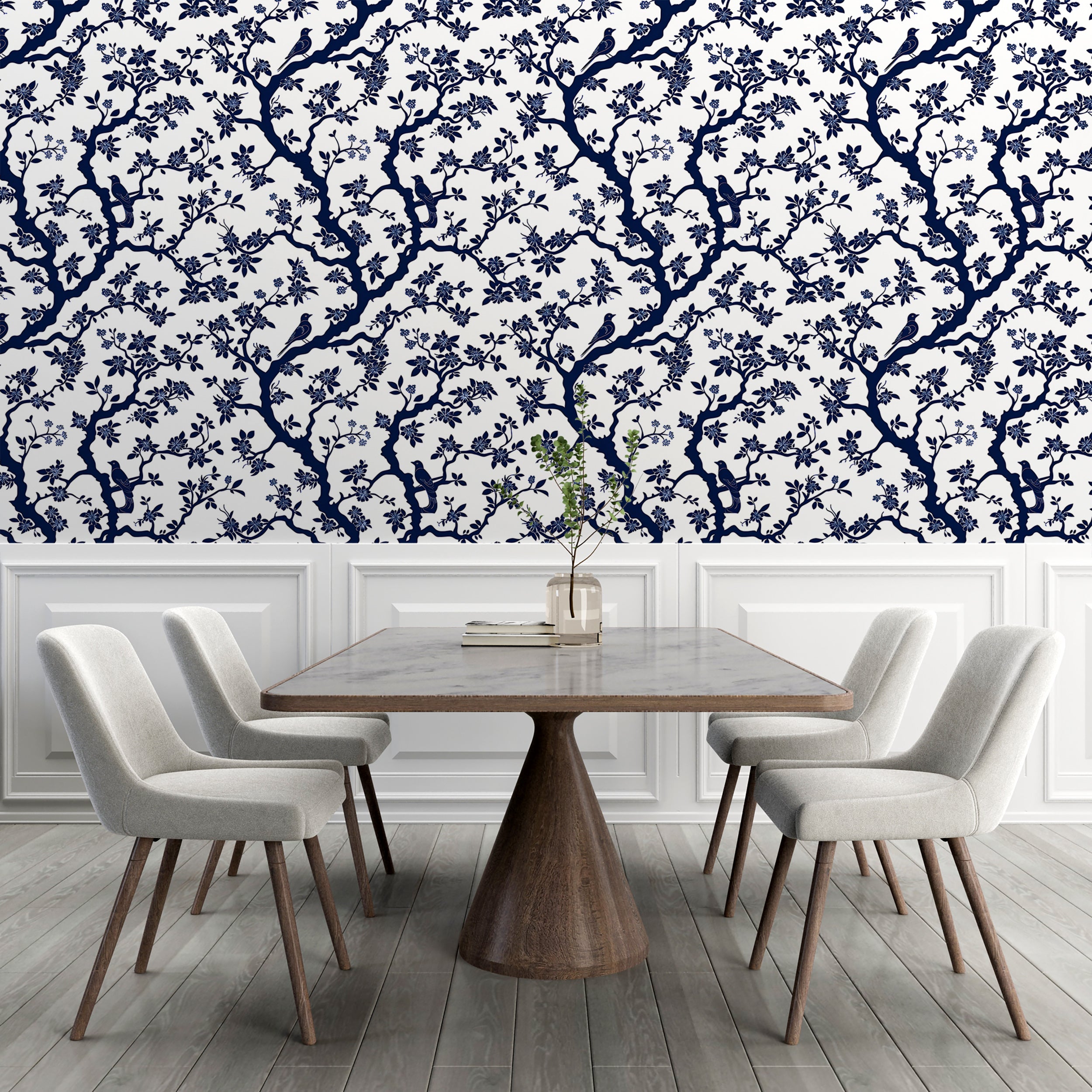 Blue and White Chinoiserie Wallpaper, French Style Floral Wall Decor, Peel and Stick Blue Botanical Wallpaper, Removable Flowers & Birds