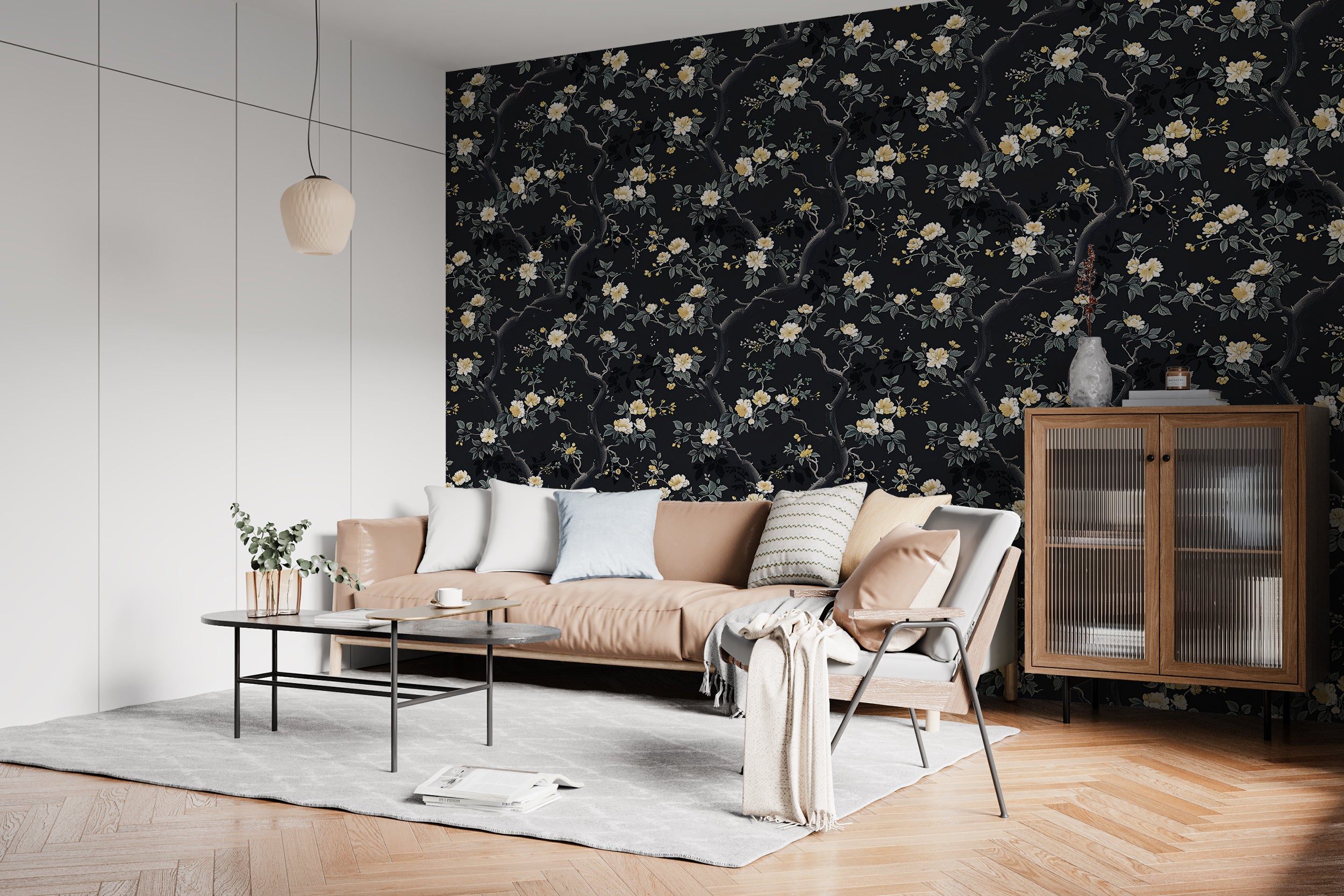 Black Chinoiserie Wallpaper, Peel and Stick Dark Floral, Removable Dark Leaves and Branches Wallpaper, Small Flowers Wallpaper