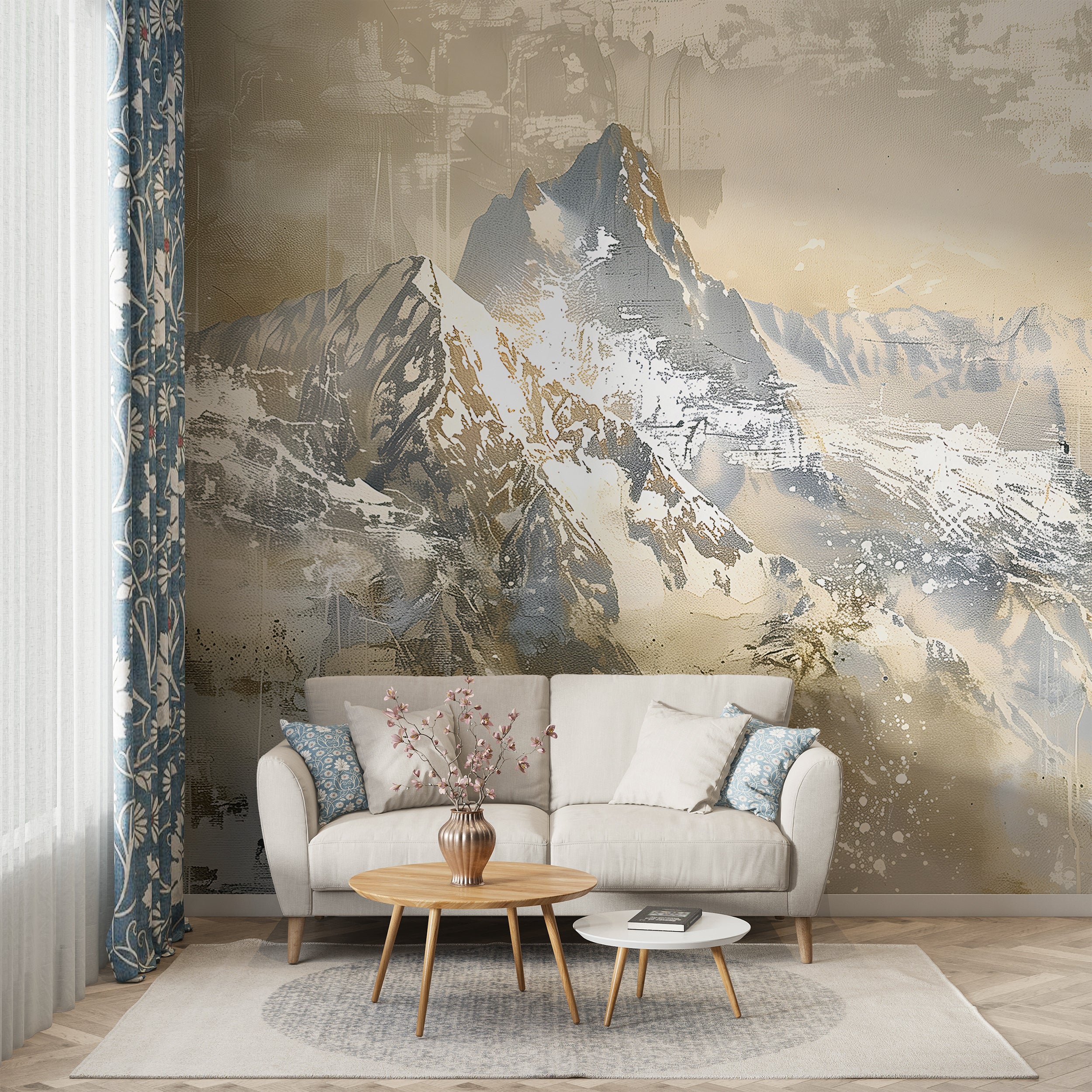 Abstract Beige Mountains Mural, Peel and Stick Watercolor Landscape Wallpaper, Removable Accent Wall Oil Painting Mountains Decor