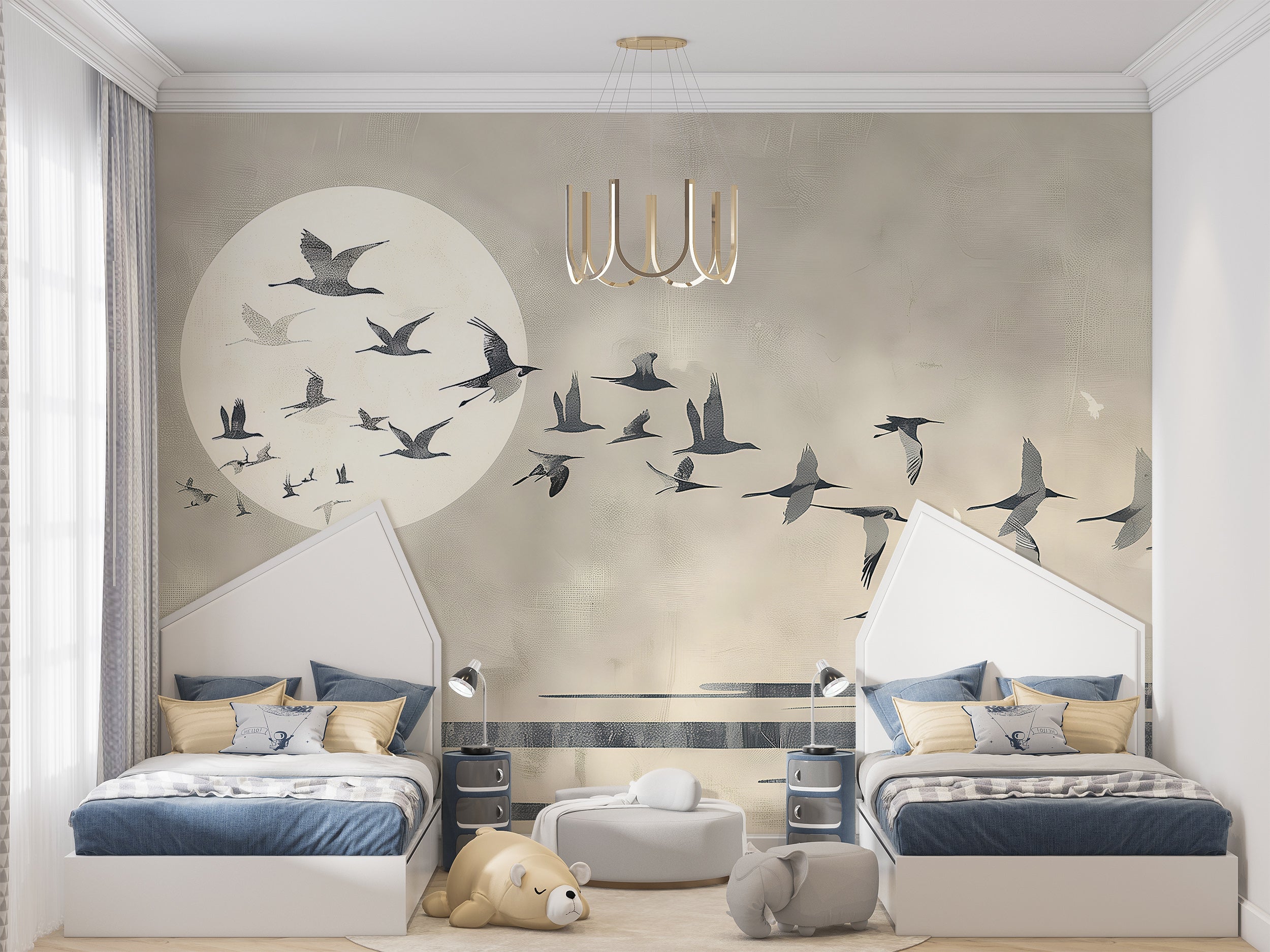 Birds and Sun Wall Mural, Abstract Beige Japanese Style Wallpaper, Peel and Stick Nature Wall Art, Minimalistic Bird Swallow Wallpaper