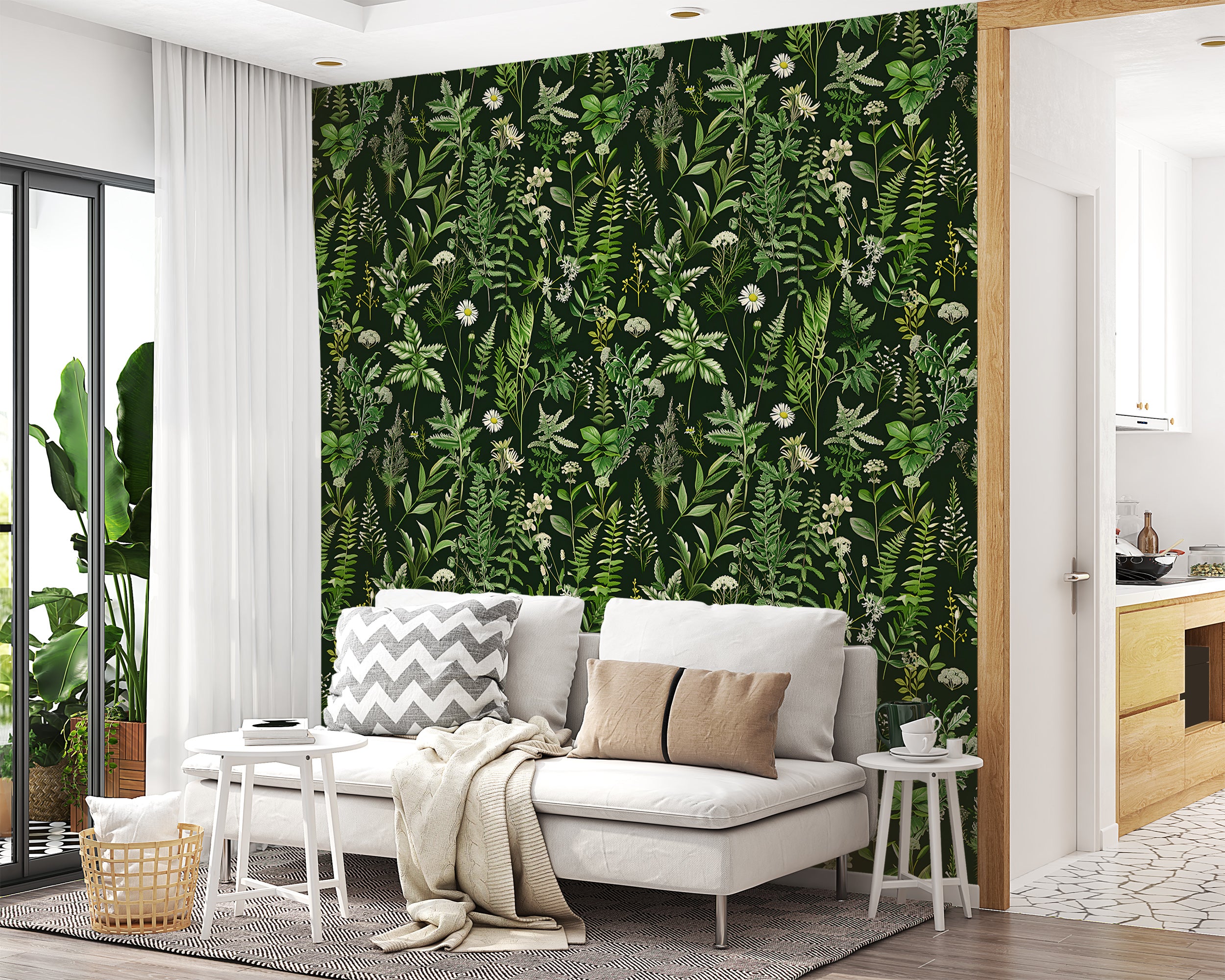 Dark Fern Wallpaper, Peel and Stick Greenery Wall Decor, Removable Black and Green Botanical Wallpaper, Green Fern Leaves Pattern