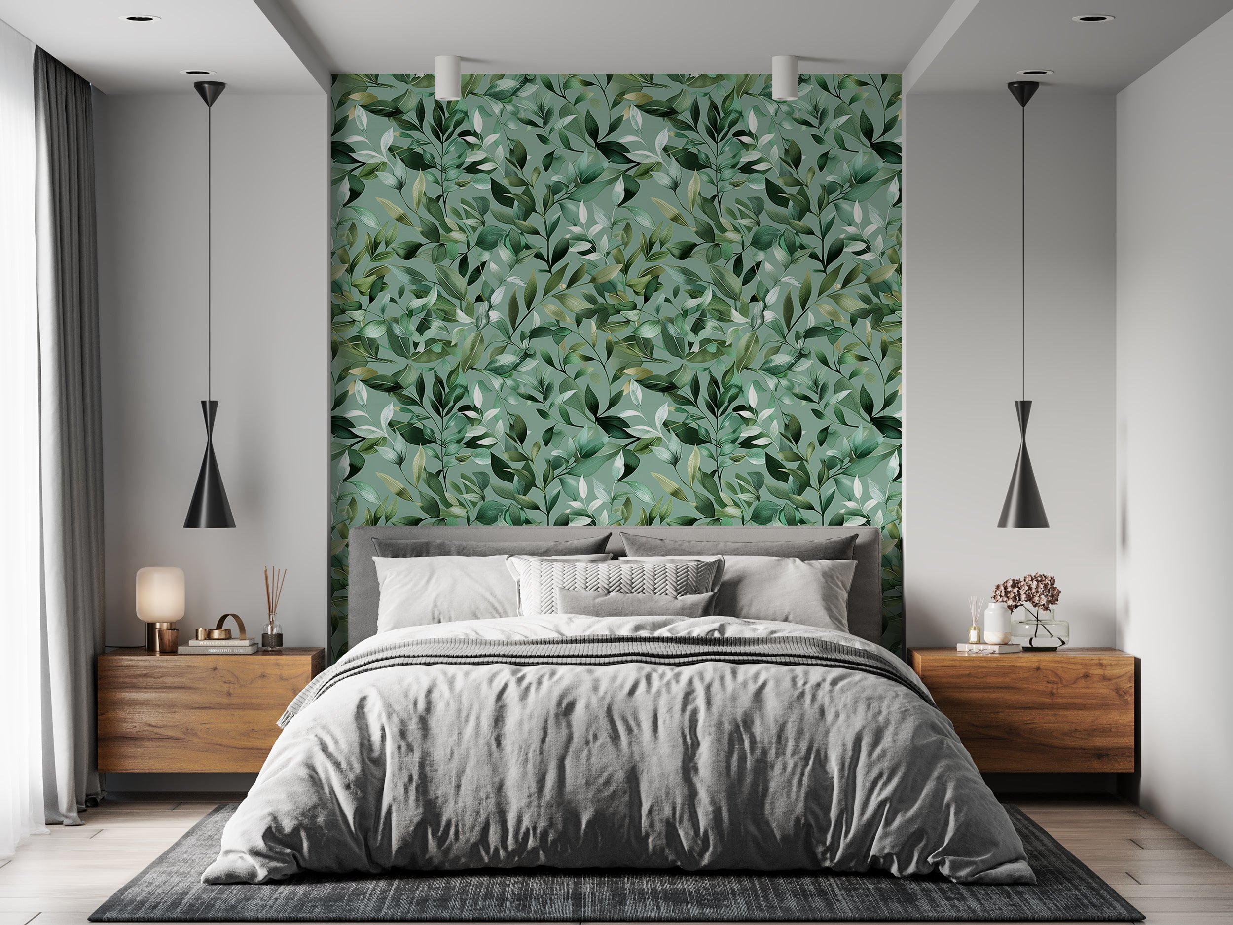 Greenery Wallpaper, Peel and Stick or Pre-pasted Green Botanical Wallpaper, Leaves and Branches Wall Decor, Removable Nature Wall Art