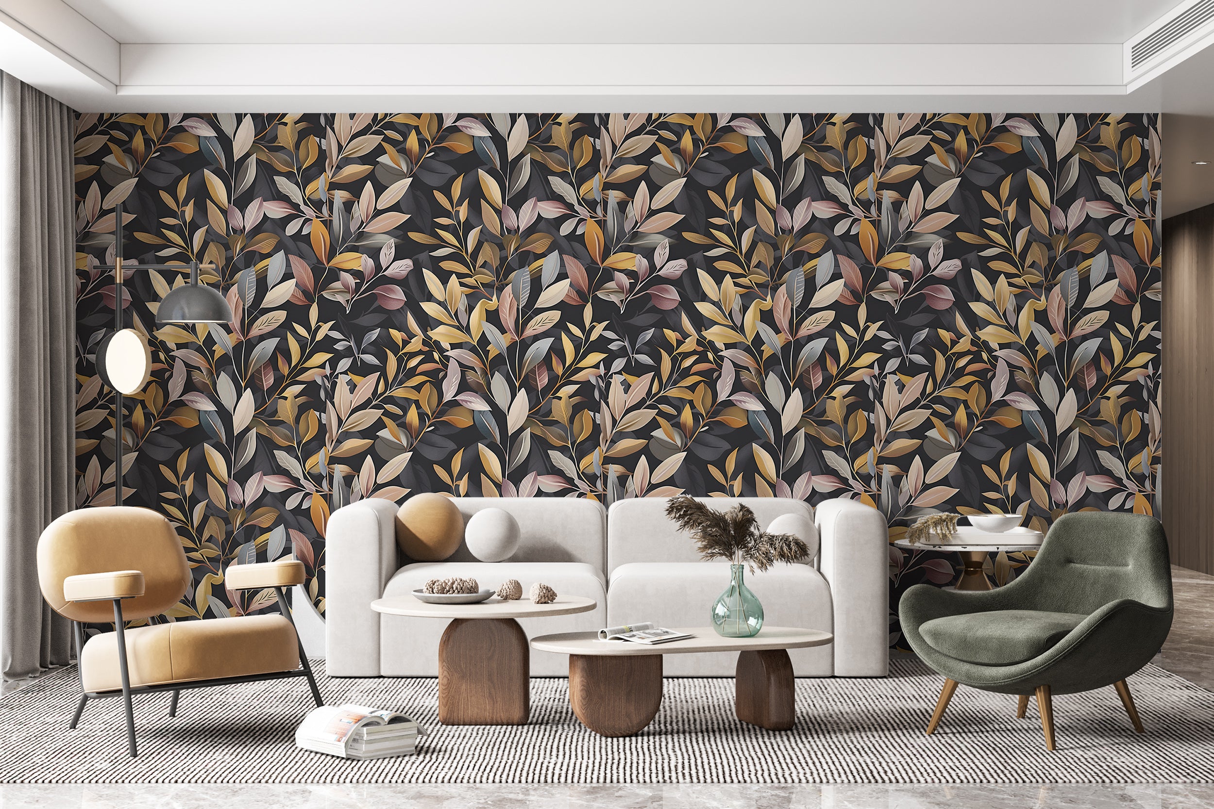 Golden and Silver Leaves Wallpaper, Peel and Stick Dark Grey Botanical Wallpaper, Removable Accent Wall Abstract Botanical Wall Decor