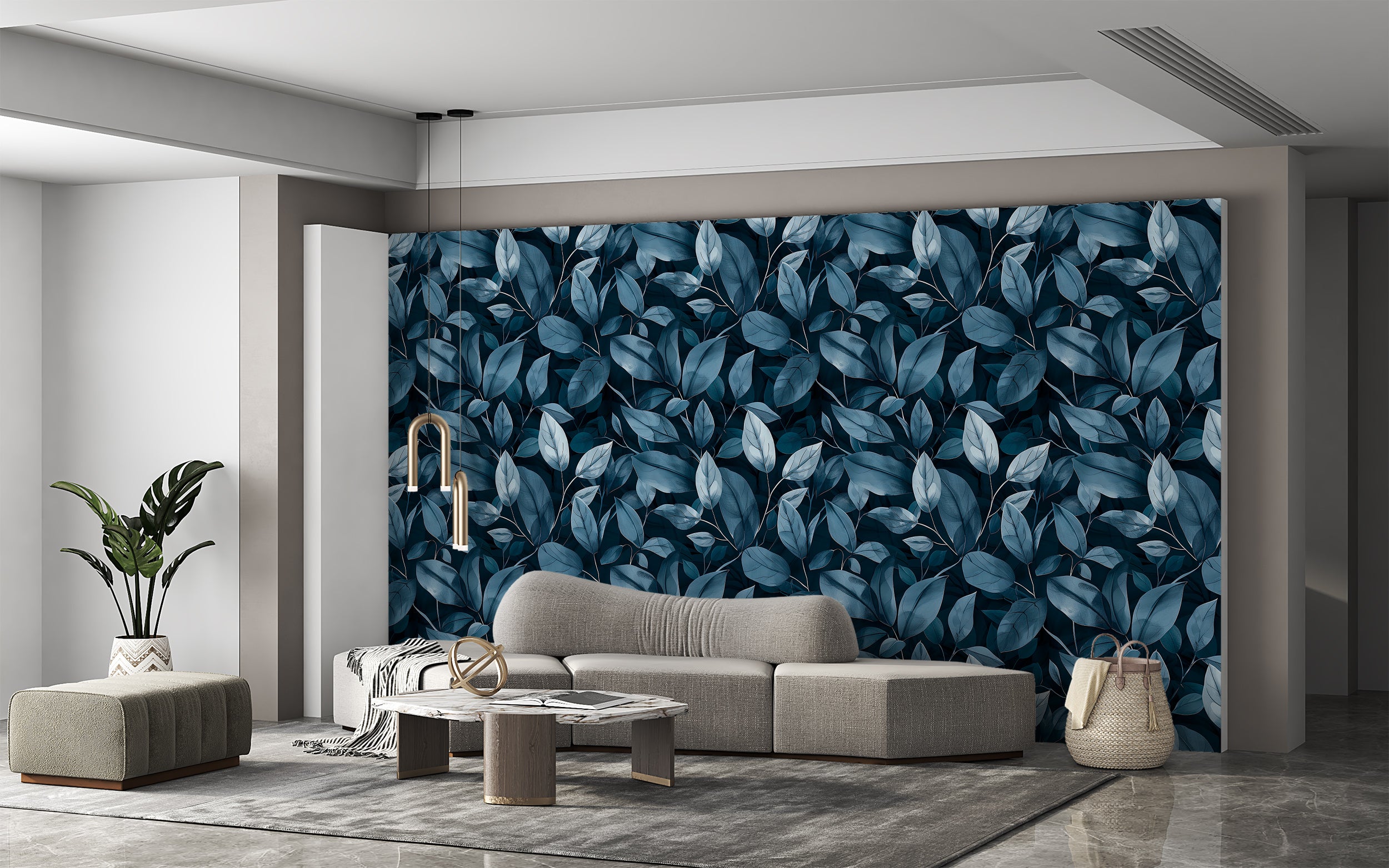 Large Scale Blue Leaf Pattern Wallpaper, Peel and Stick or Pre-pasted Dark Botanical Wallpaper, Accent Wall Vibrant Navy Blue Art