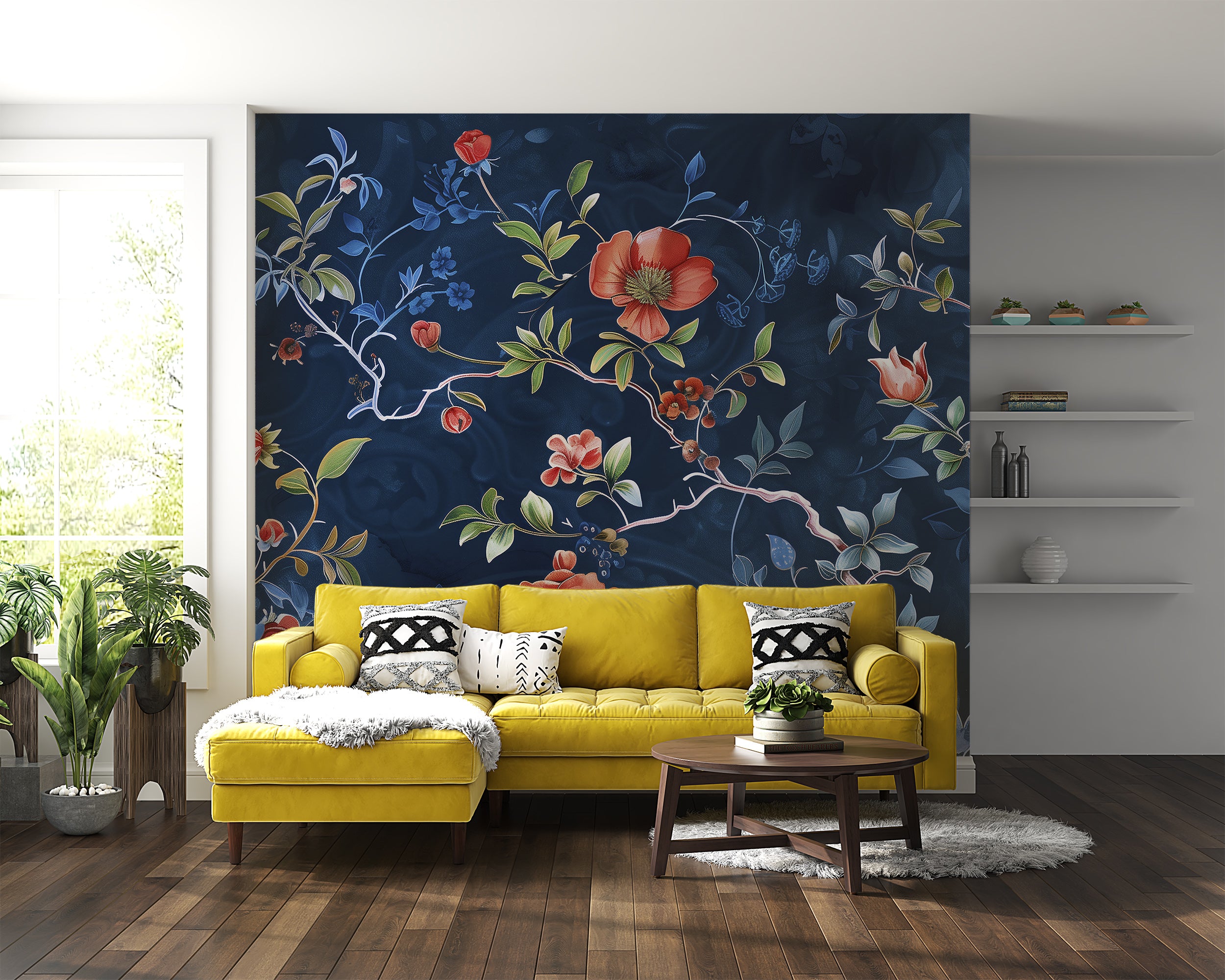 Dark Blue Floral Mural, Peel and Stick Blue Chinoiserie Wallpaper, Red Flowers on Dark Blue Background Art, Removable Flower Branch Decor