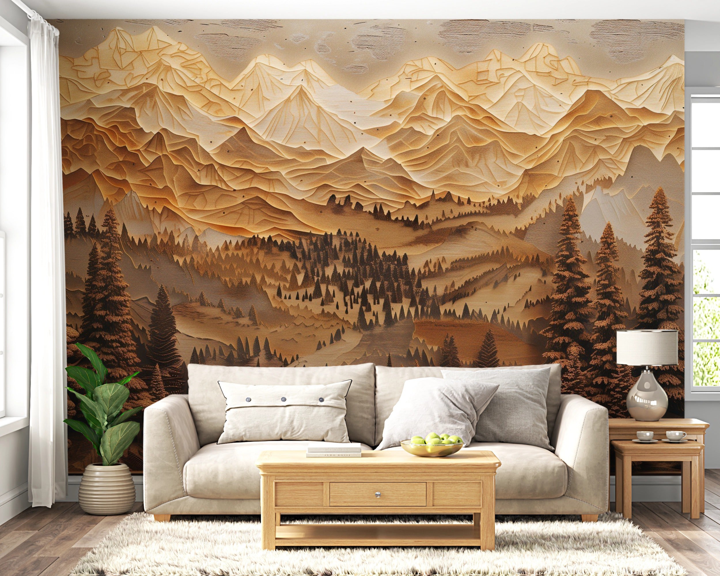 Mountains and Pine Trees in Wood Carving Style Mural, Peel and Stick Wooden Look Landscape Art, Beige and Brown Nature Wallpaper