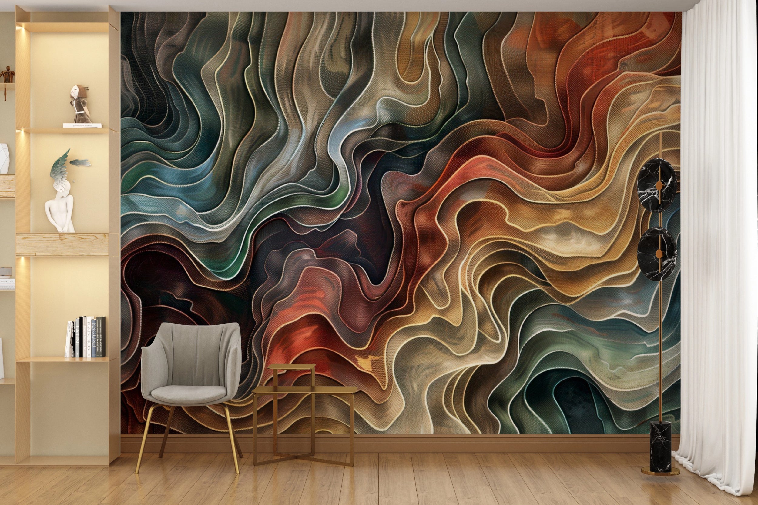 Colorful Wavy Mural, Abstract Line Art, Peel and Stick Accent Wall Geometrical Wallpaper, Removable Alcohol Ink Wall Decor