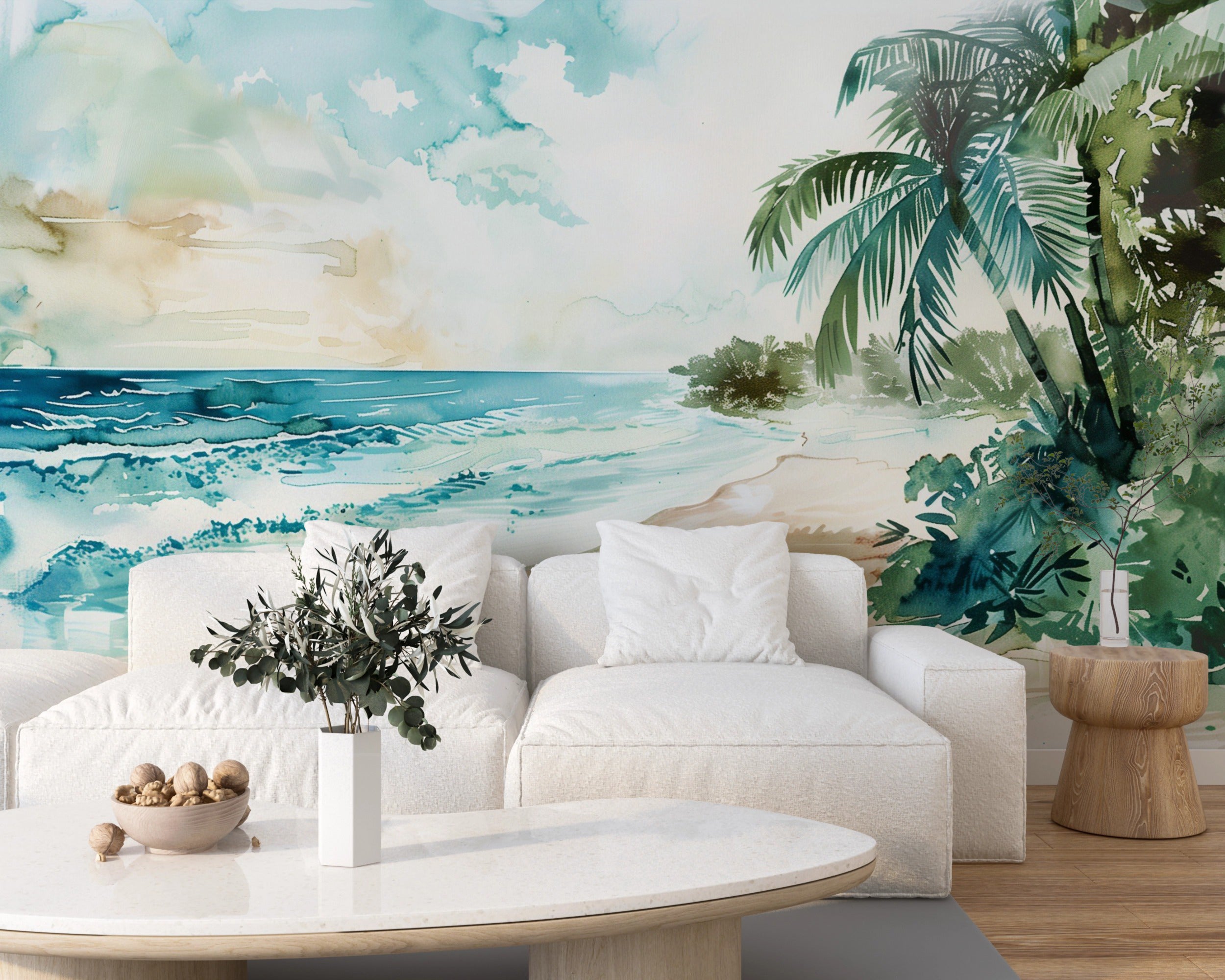 Coastal Mural, Peel and Stick Watercolor Paradise Beach Wallpaper, Ocean and Palm Tree Dreamy Wall Decor