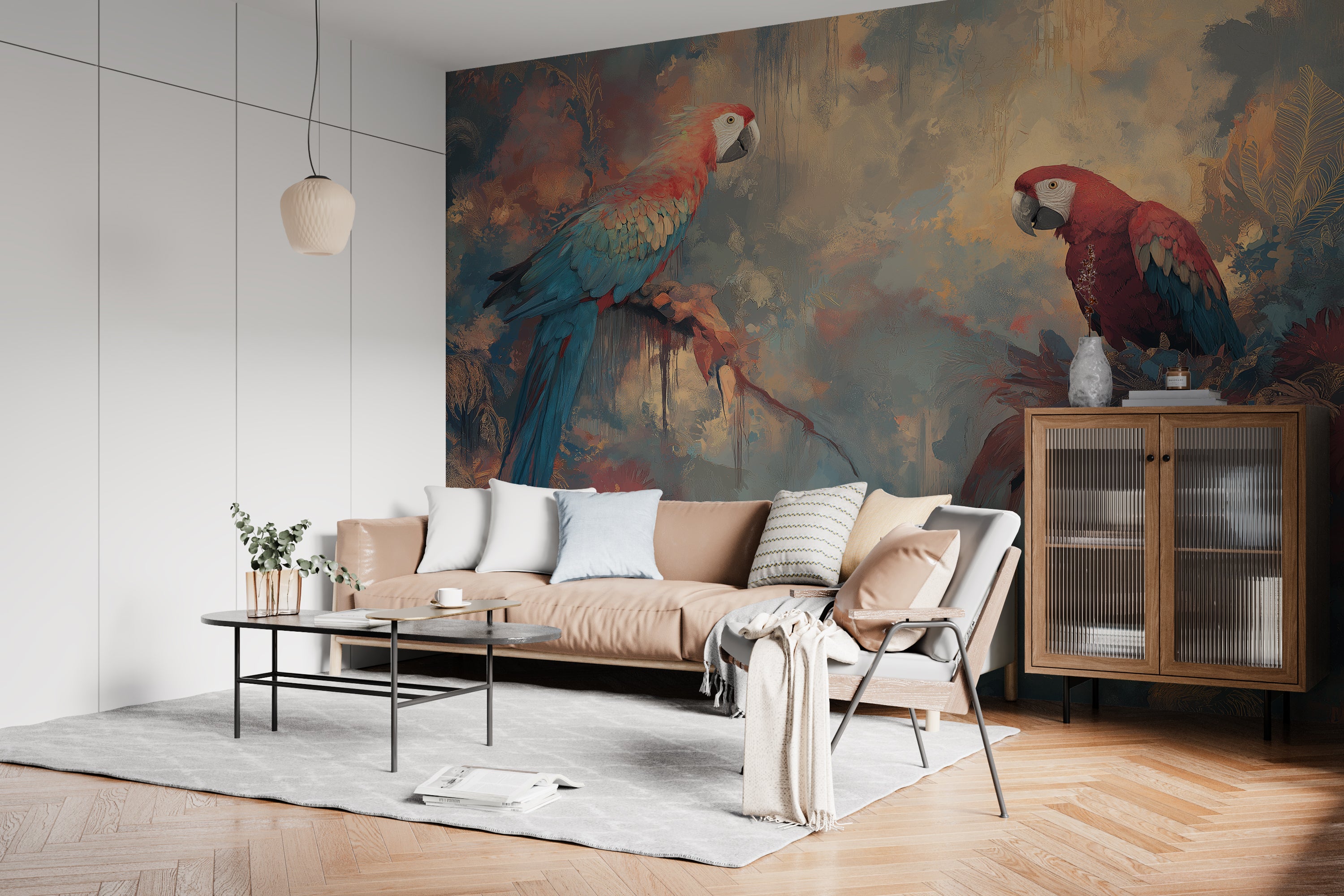 tropical scarlet macaws wall mural with jungle foliage