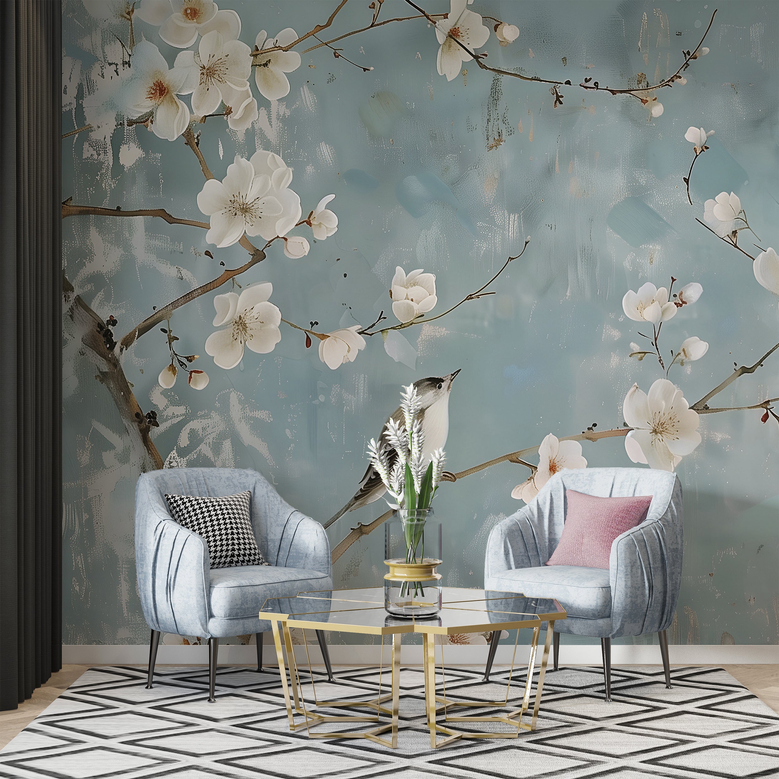 Soft Blue Chinoiserie Mural, Delicate Botanical Wallpaper, Peel and Stick Floral Wall Decor, Flowers and Birds Japanese Wall Art