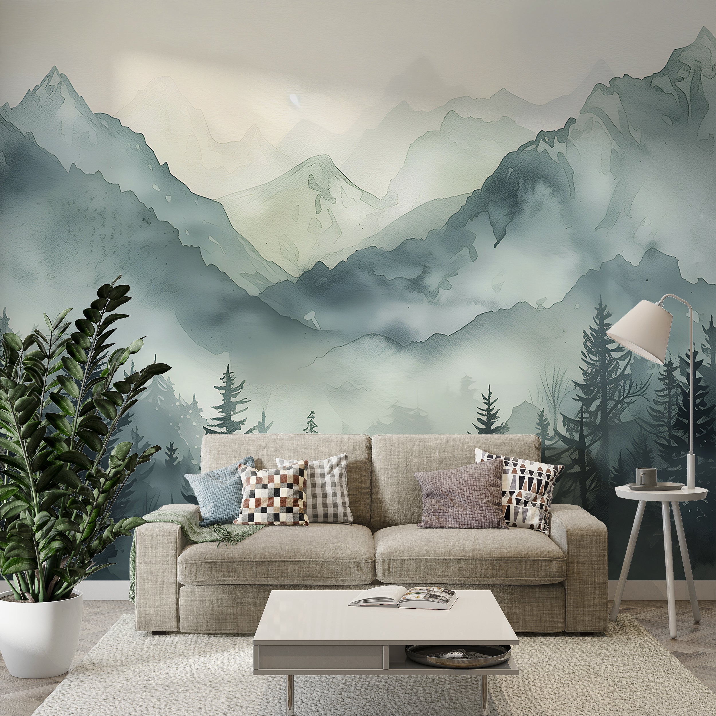 Green Mountains Wall Mural, Watercolor Foggy Forest and Mountains Wallpaper, Peel and Stick Nursery Soft Nature Mural, Wild Nature Art