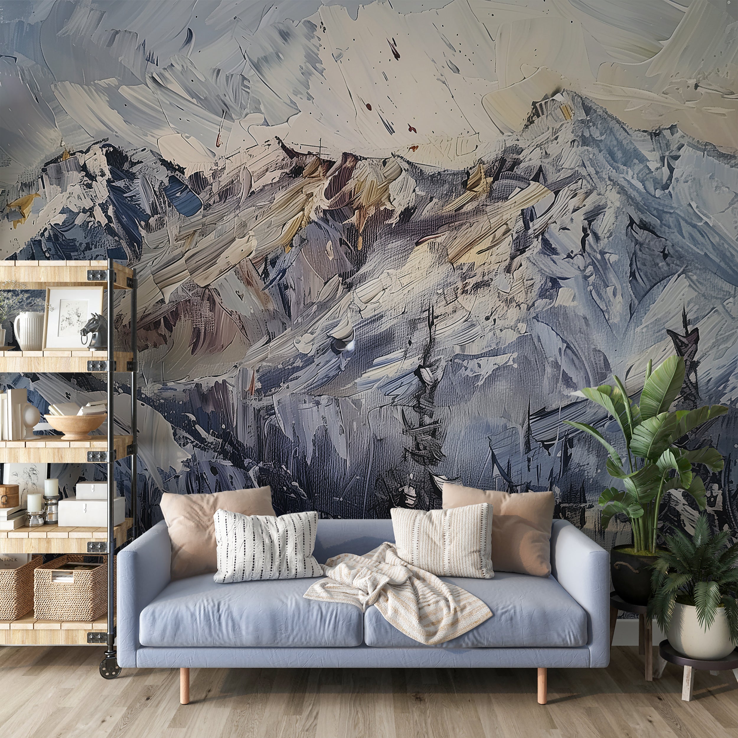 Abstract Oil Painting of Snowy Mountains Mural, Peel and Stick Mountains, Snowy Landscape Wallpaper, Blue and White Mountain Mural