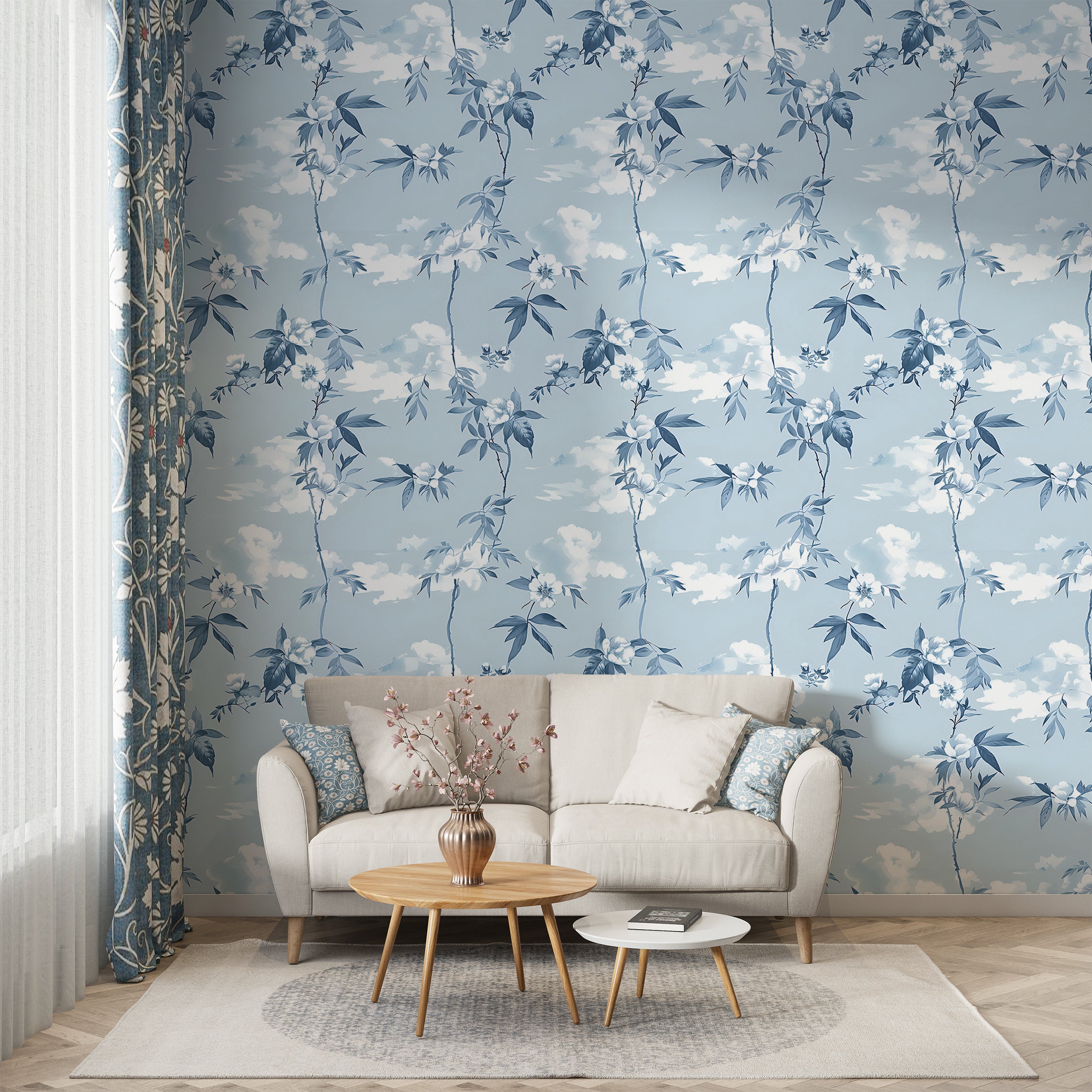 Sky Blue Floral Wallpaper, Light Botanical Peel and Stick Decor, Blue Vines and Leaves Wallpaper, Clouds Wall Decal, Flower Wallpaper