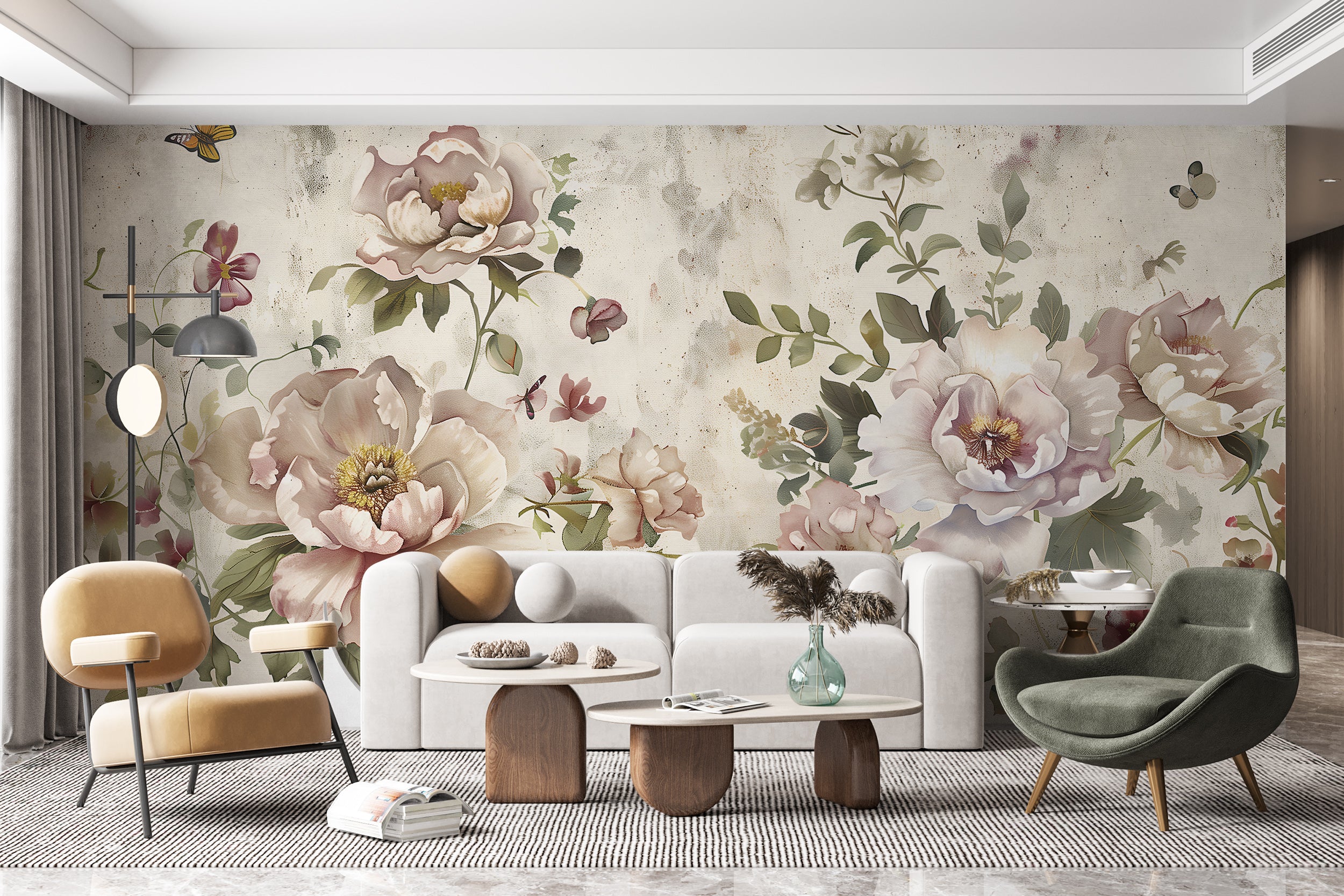 Large Flowers Wall Mural, Peel and Stick Floral Wallpaper, Beige Flowers and Butterflies Mural, Pink Flowers and Green Leaves Wall Decor