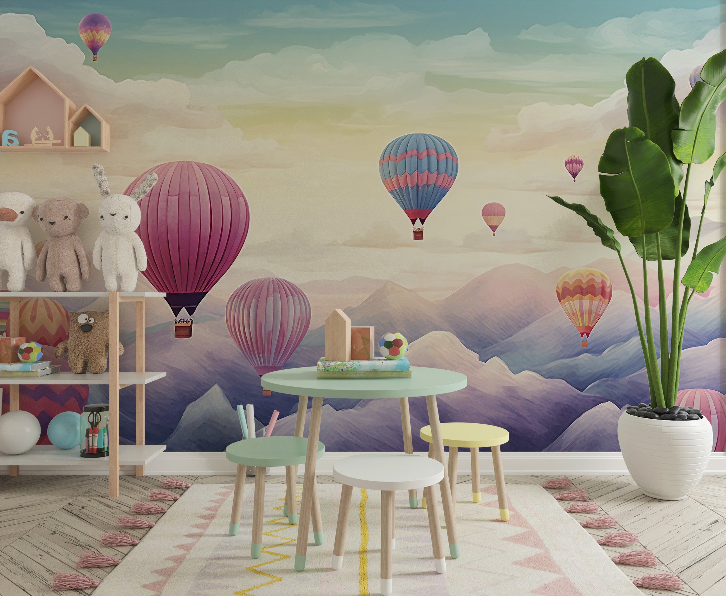 Whimsical Hot Air Balloons Mural for Kids' Rooms