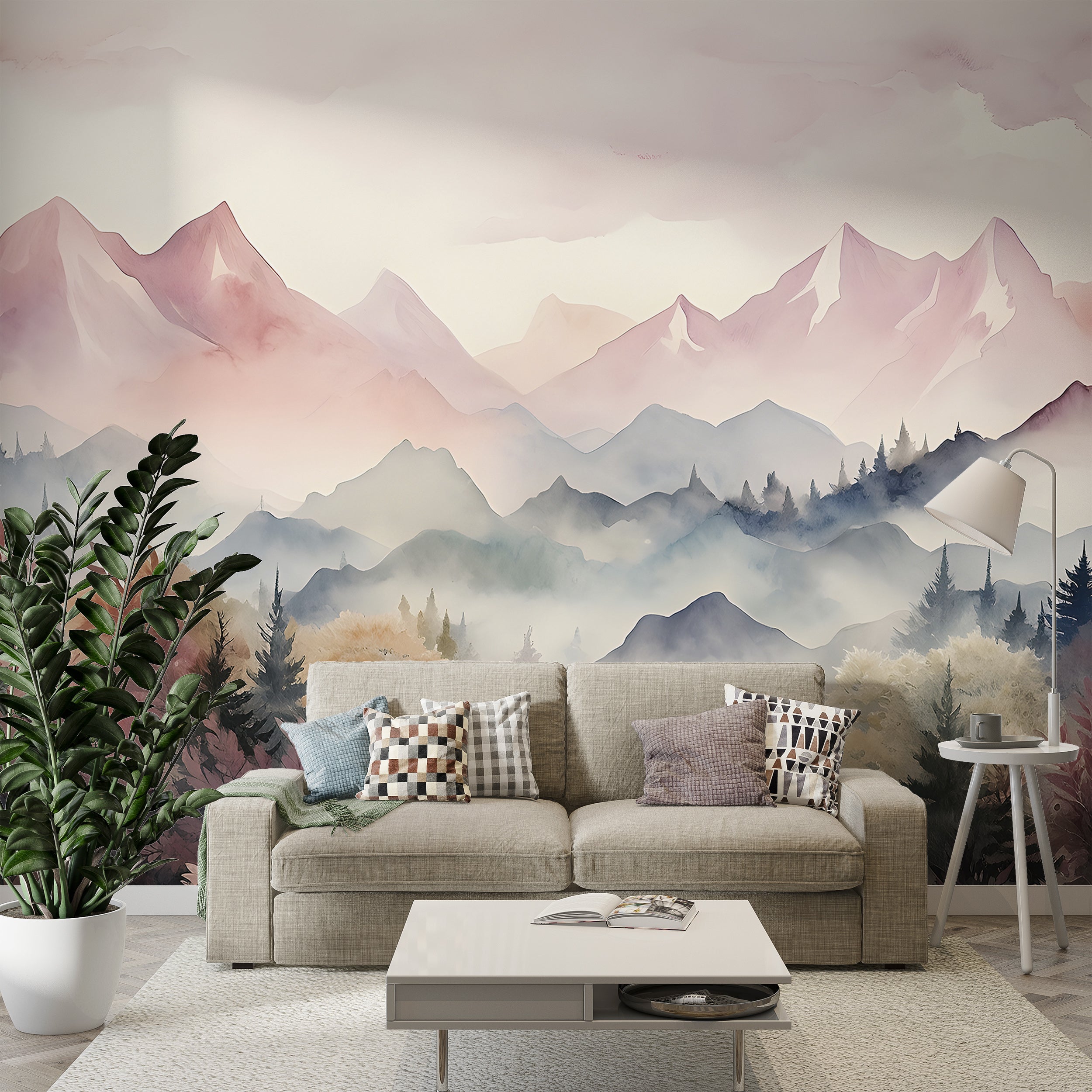 Handcrafted Watercolor Mountains and Forest Mural on Peel and Stick Material