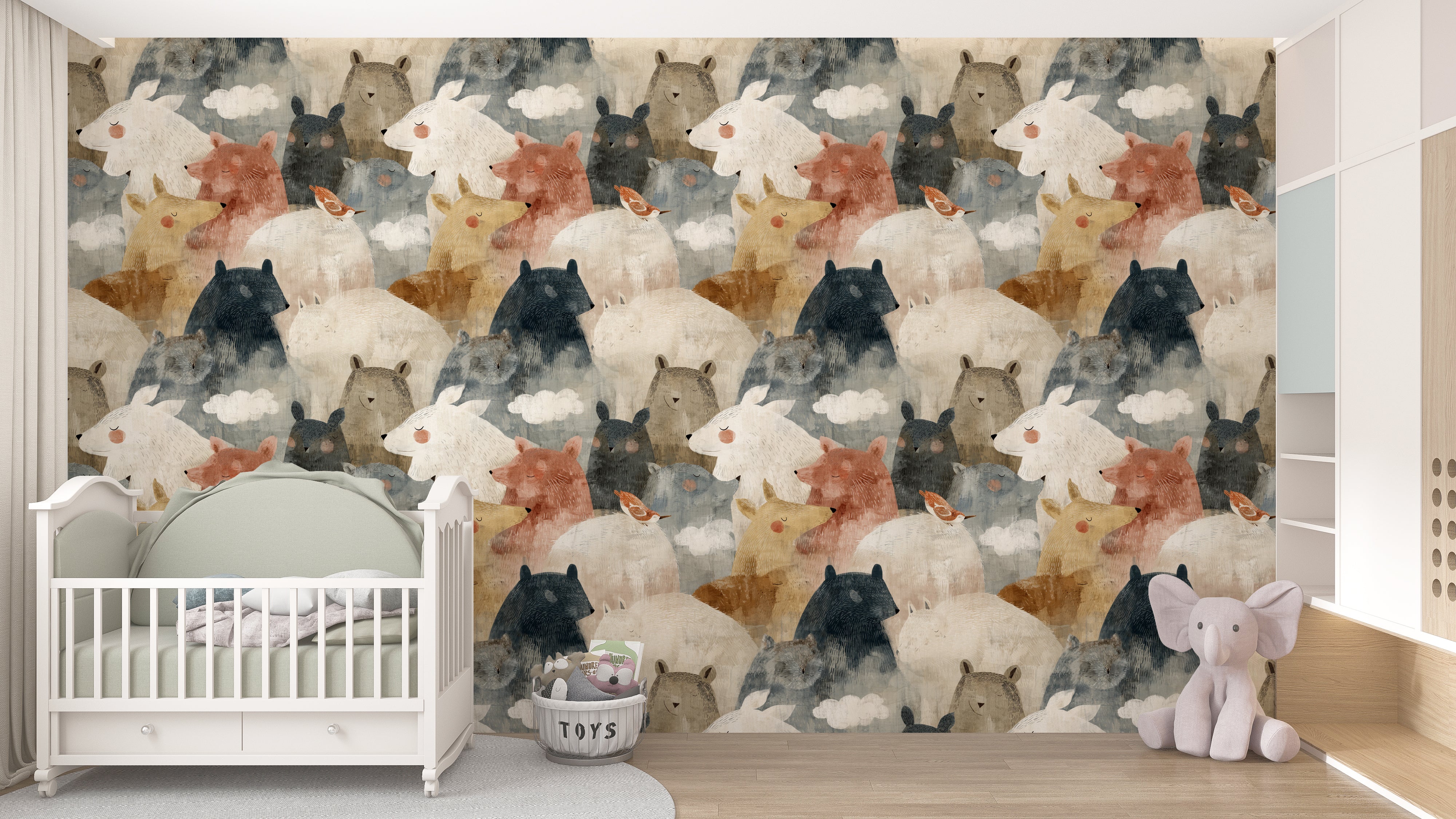 Cute bear and friends wall pattern in modern nursery